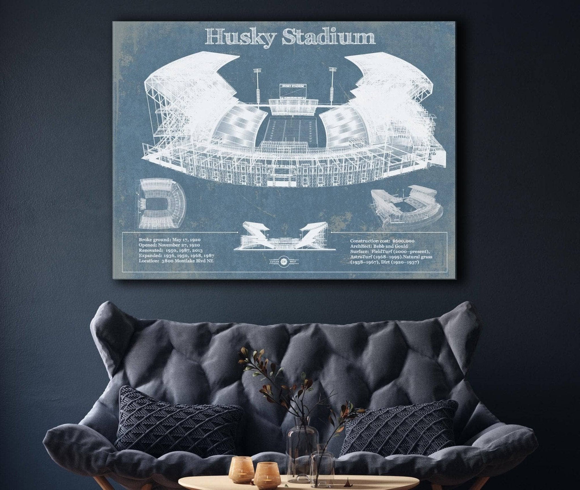 Cutler West Washington Huskies Art Blue Version - Husky Stadium Vintage Stadium Blueprint Art Print