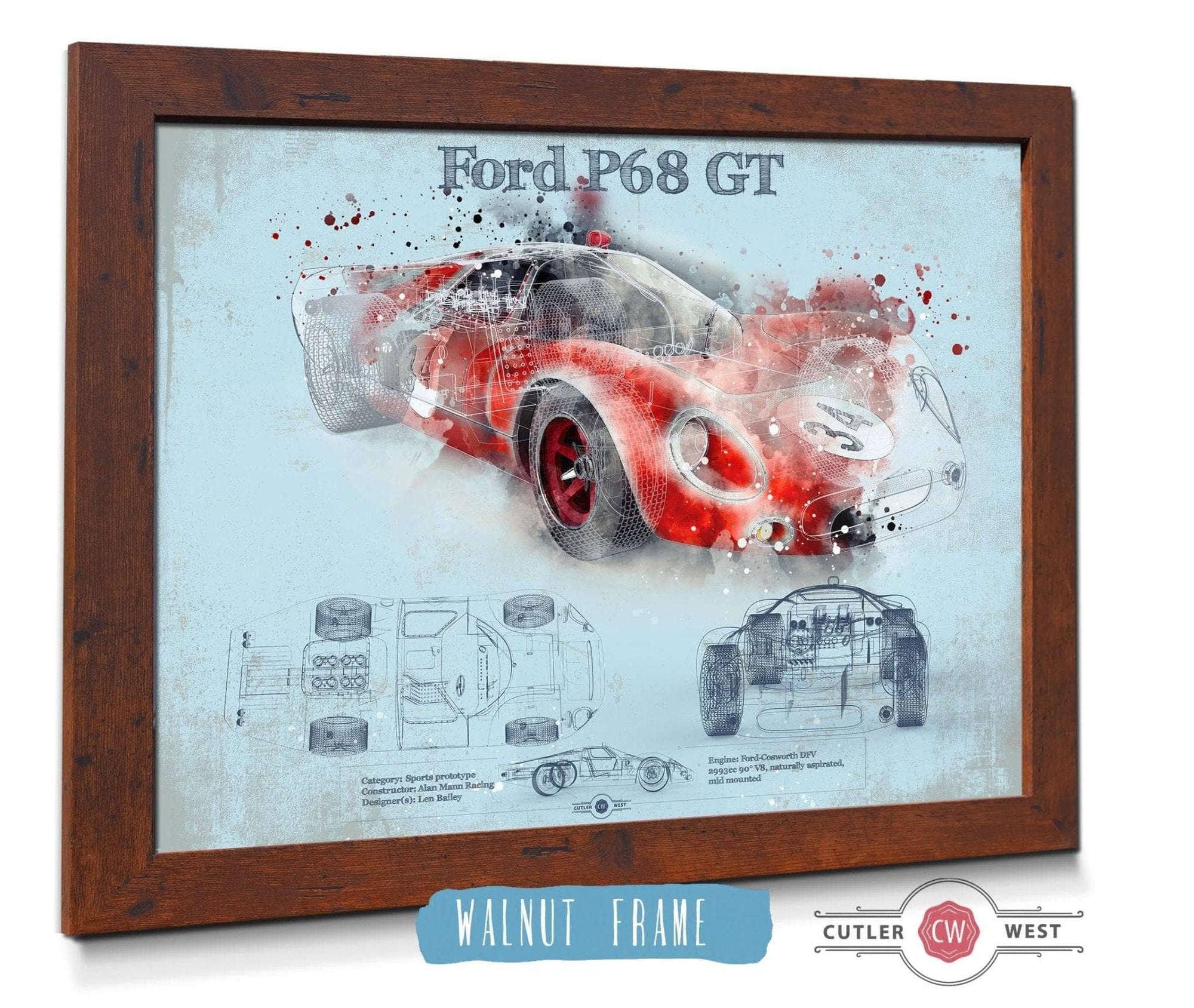 Cutler West Ford Collection 14" x 11" / Walnut Frame Ford P68 Ford 3L GT  F3L Vintage Sports Car Print 845000145_13787