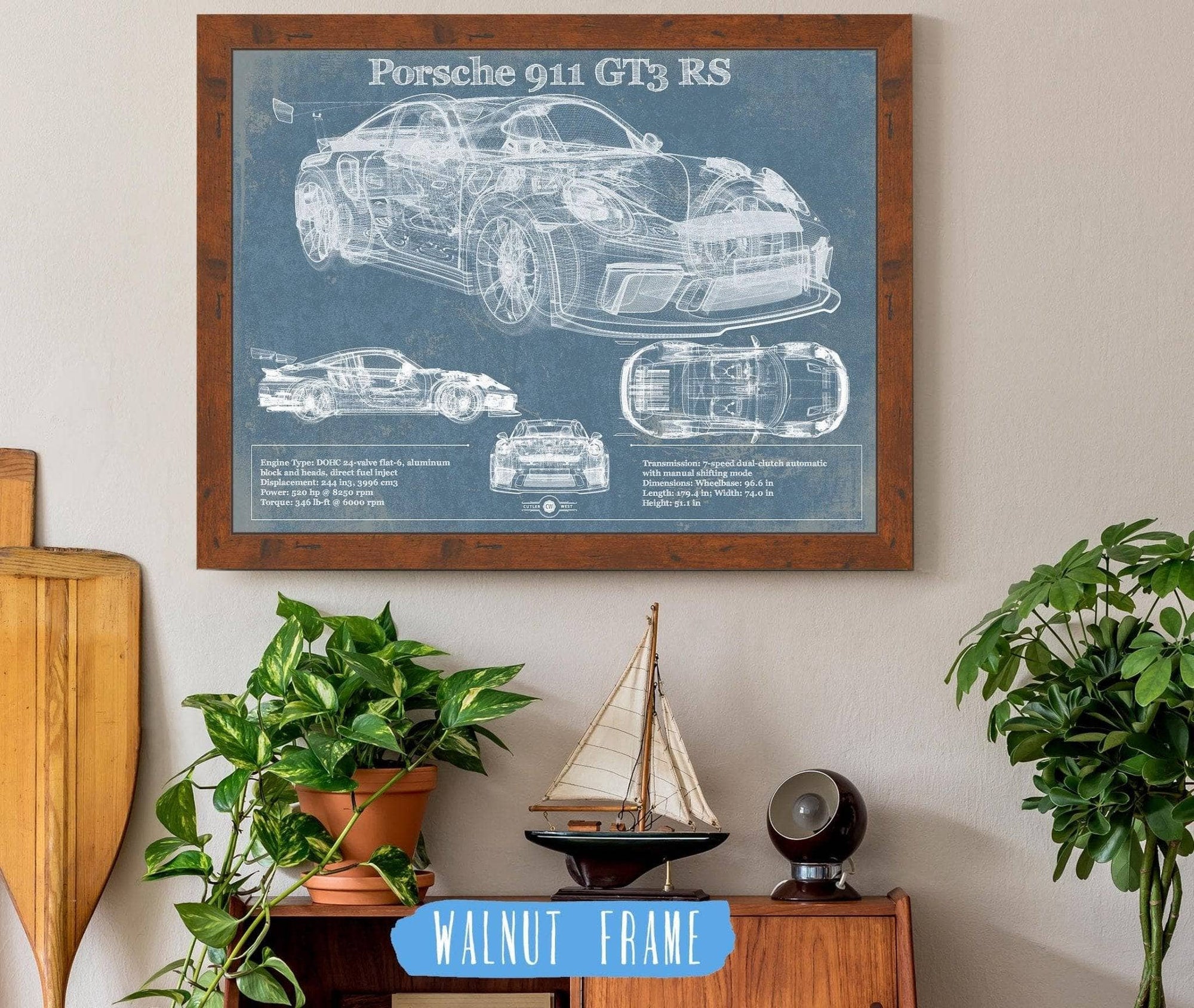 Cutler West Porsche Collection 14" x 11" / Walnut Frame Porsche 911 GT3 RS Vintage Blueprint Auto Print 235353152