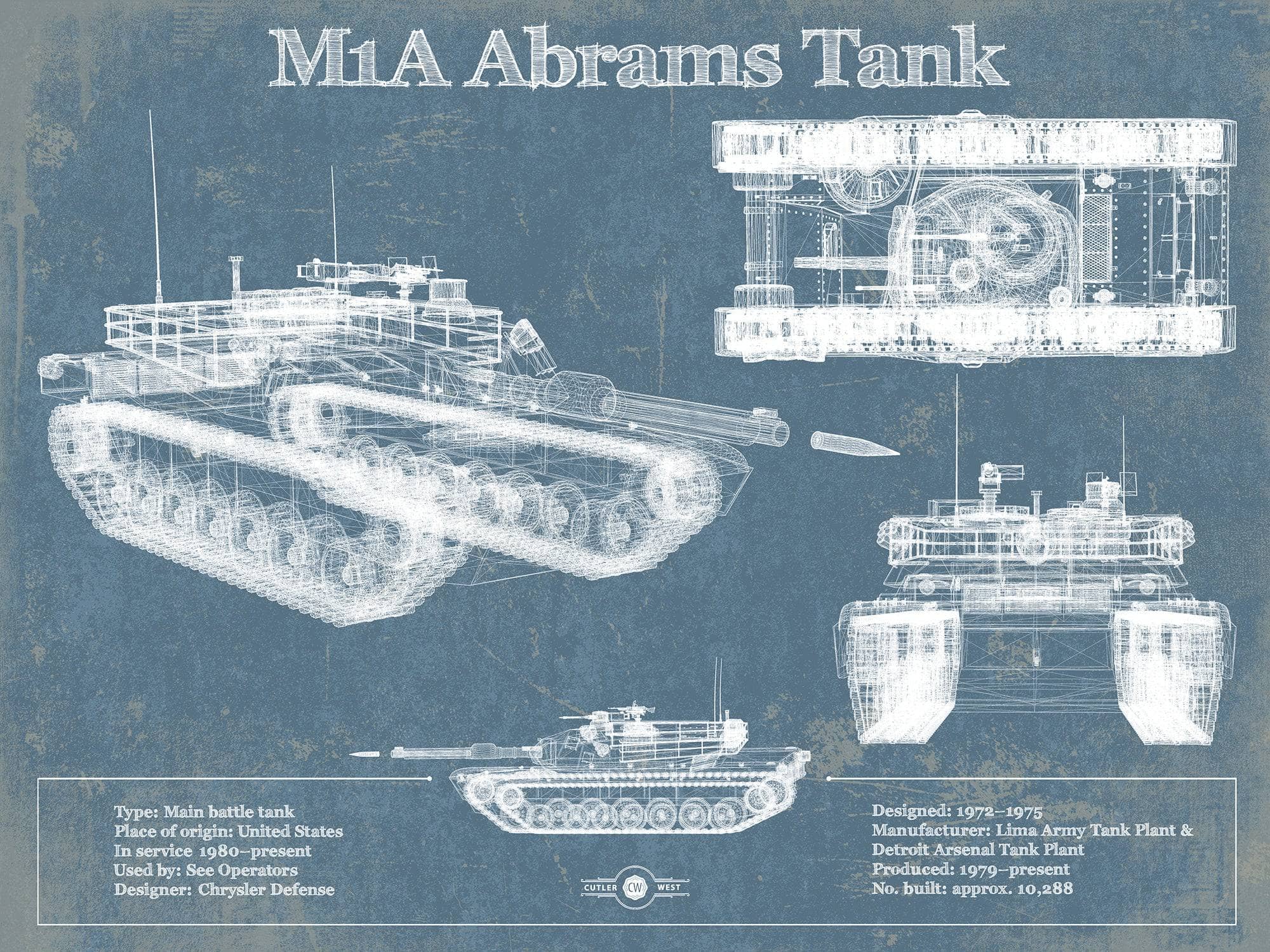 Cutler West Military Weapons Collection 14" x 11" / Unframed M1A Abrams Tank Vintage Blueprint Print 891066671_18724