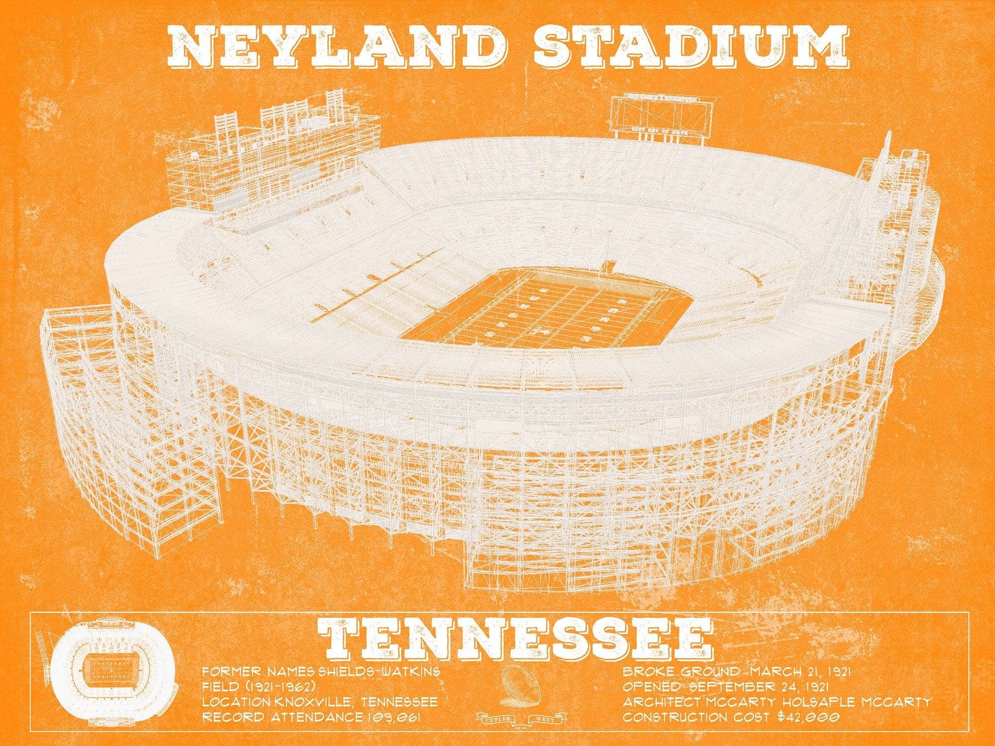Cutler West College Football Collection 14" x 11" / Unframed Vintage Tennessee Volunteers Neyland Stadium Blueprint Team Color Wall Art 758746782-14"-x-11"27172