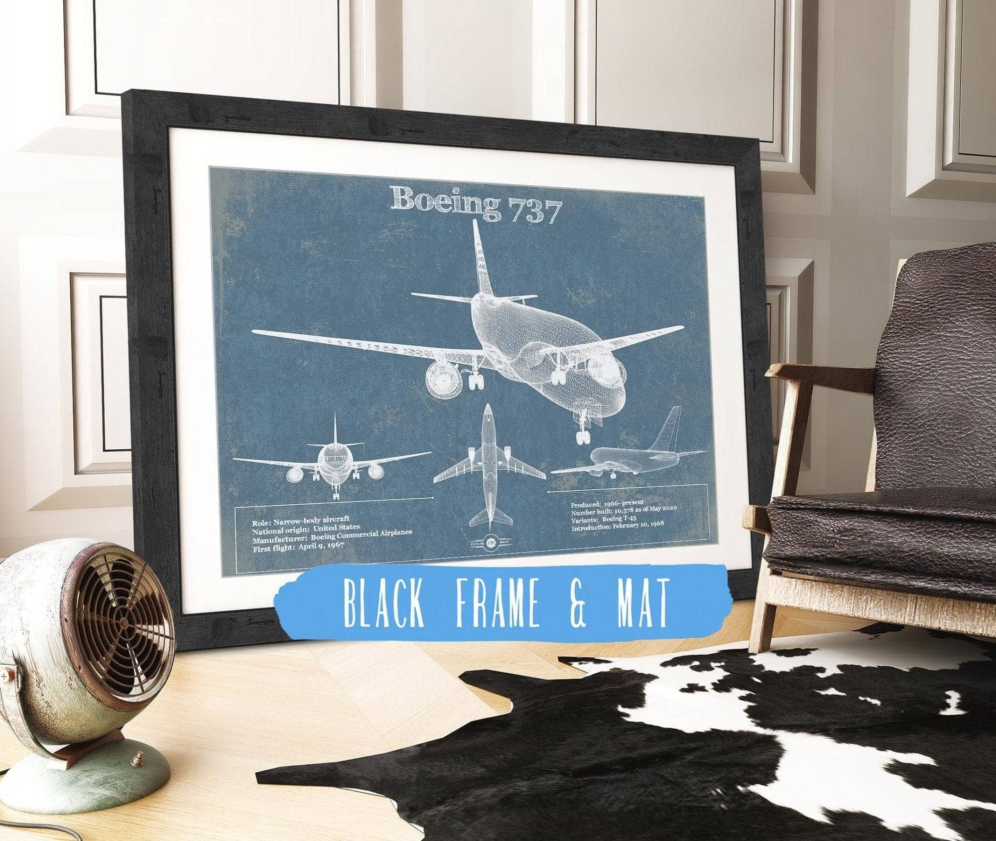Cutler West Boeing Collection 14" x 11" / Black Frame & Mat Boeing 737 Vintage Aviation Blueprint Print - Custom Pilot Name Can Be Added 833447919_48343