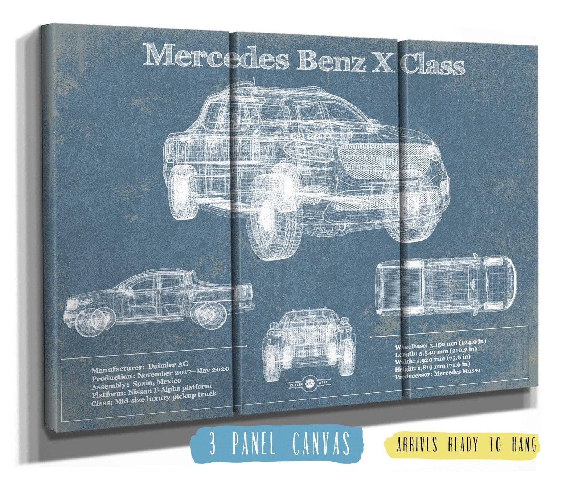 Cutler West Mercedes Benz Collection 48" x 32" / 3 Panel Canvas Wrap Mercedes Benz X Class Blueprint Vintage Auto Print 845000280_19566