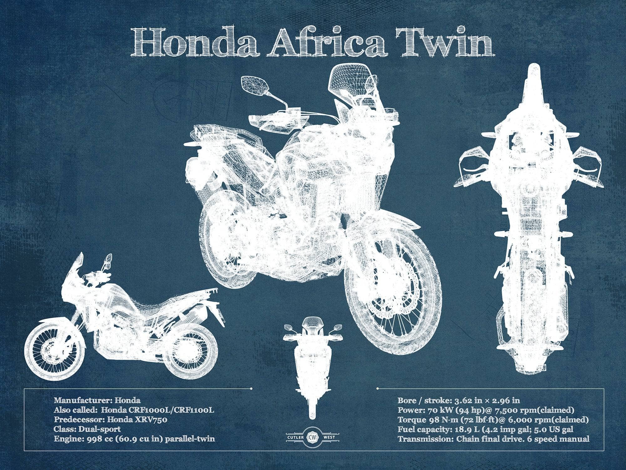 Cutler West 14" x 11" / Unframed Honda CRF1000L/CRF1100 Africa Twin Motorcycle Patent Print 933350100_15962