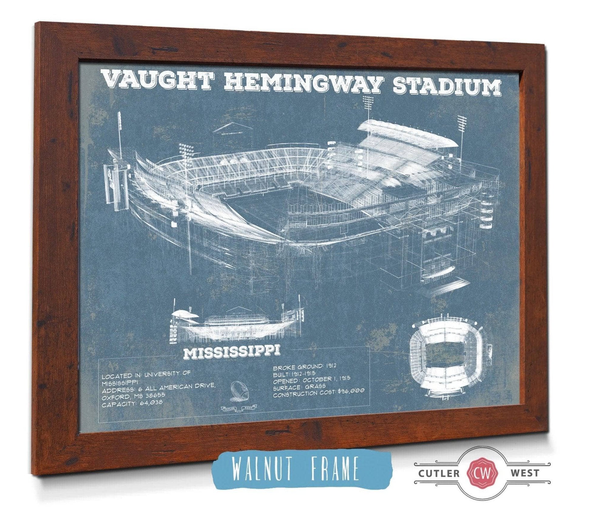 Cutler West College Football Collection 14" x 11" / Walnut Frame Vaught-Hemingway Stadium - Ole Miss Football Vintage Art Print 845000329_9436