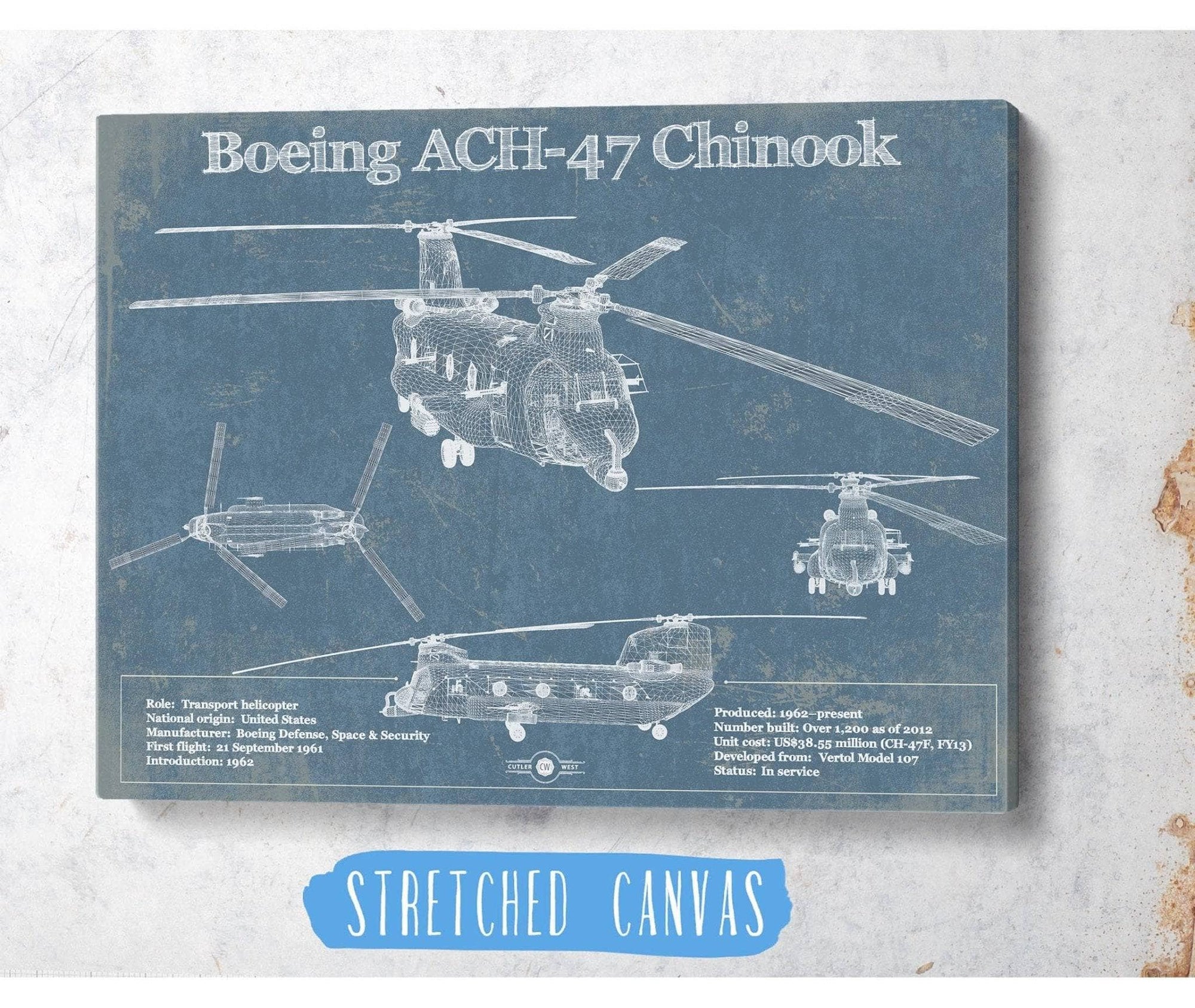 Cutler West Military Aircraft Boeing CH-47 Chinook Helicopter Vintage Aviation Blueprint Military Print - Custom Pilot Name Can Be Added