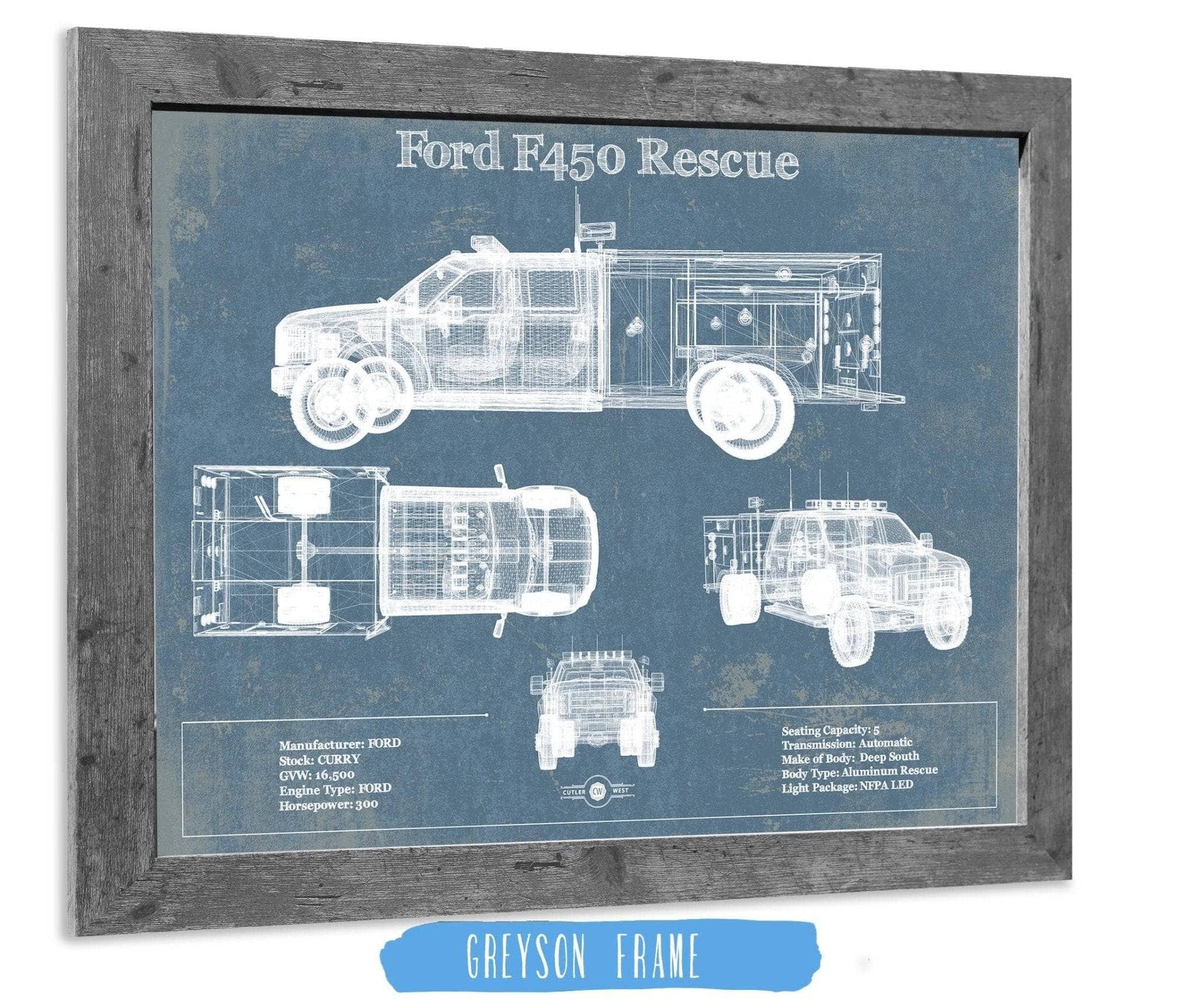 Cutler West Ford Collection 14" x 11" / Greyson Frame Ford F450 Rescue Vehicle Vintage Blueprint Auto Print 933311032_54948