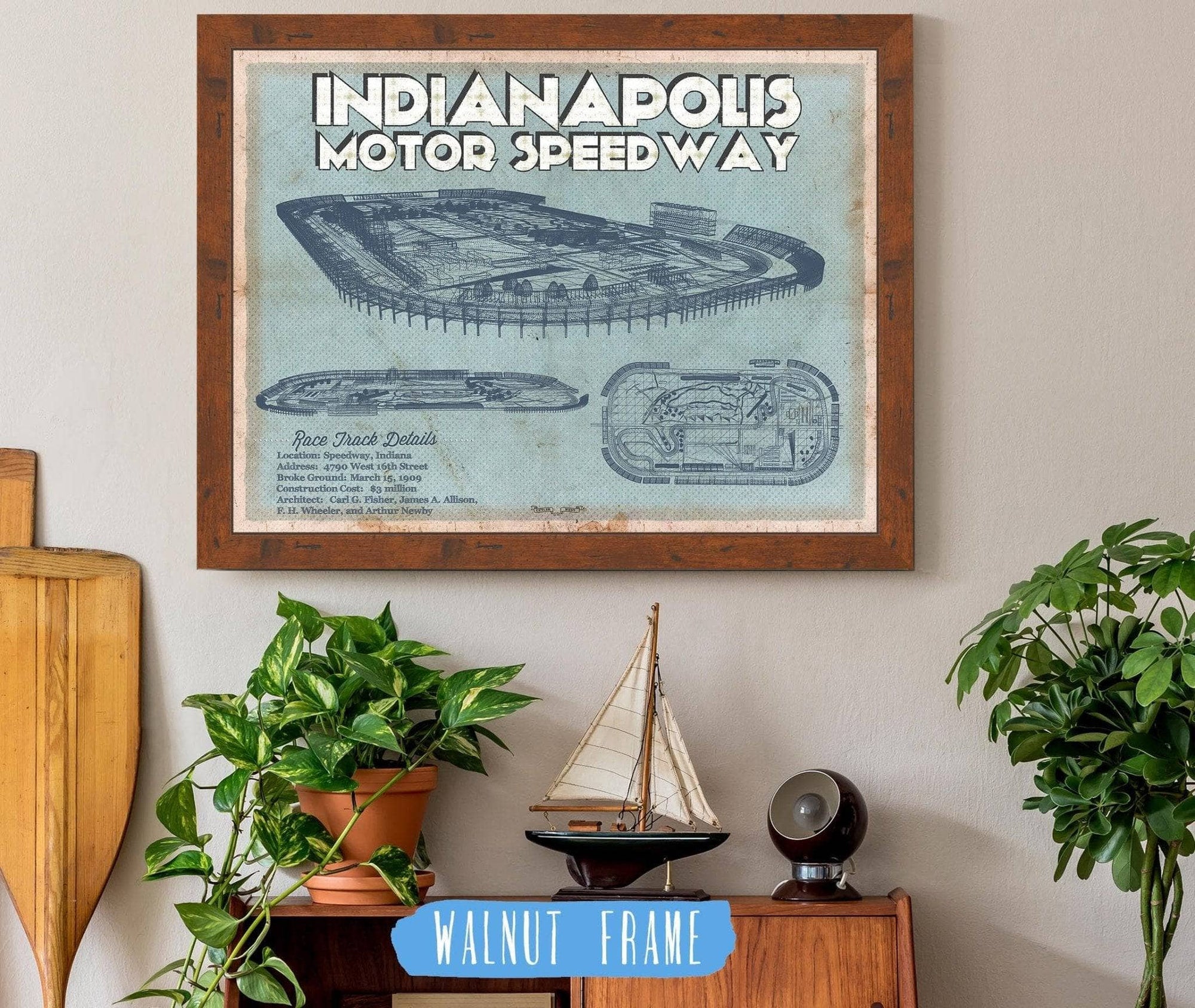 Cutler West Racetrack Collection 14" x 11" / Walnut Frame Indianapolis Motor Speedway Blueprint NASCAR Race Track Print 791390704-TOP