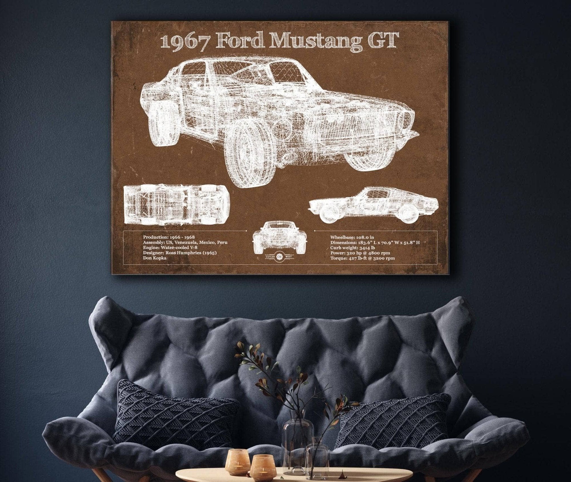 Cutler West Ford Collection 1967 Ford Mustang GT Blueprint Vintage Auto Print