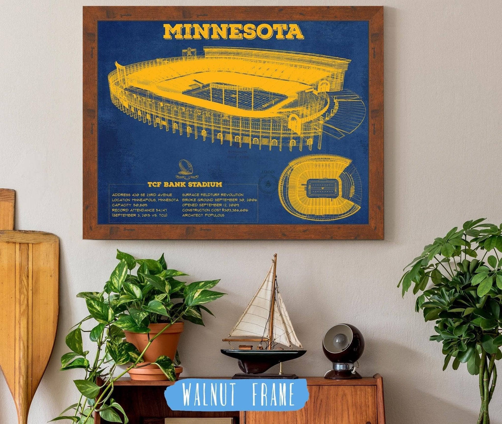 Cutler West College Football Collection 14" x 11" / Walnut Frame Minnesota Gophers Vintage TCF Bank Stadium Blueprint Art Print 933350157_72476