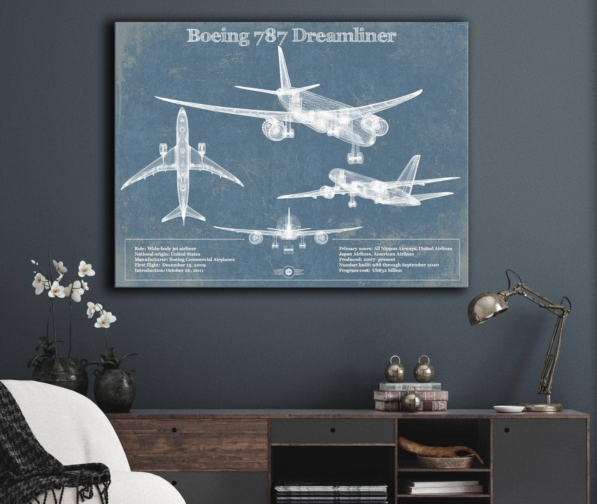 Cutler West Military Aircraft Boeing 787 Dreamliner Vintage Aviation Blueprint Print - Custom Pilot Name Can Be Added