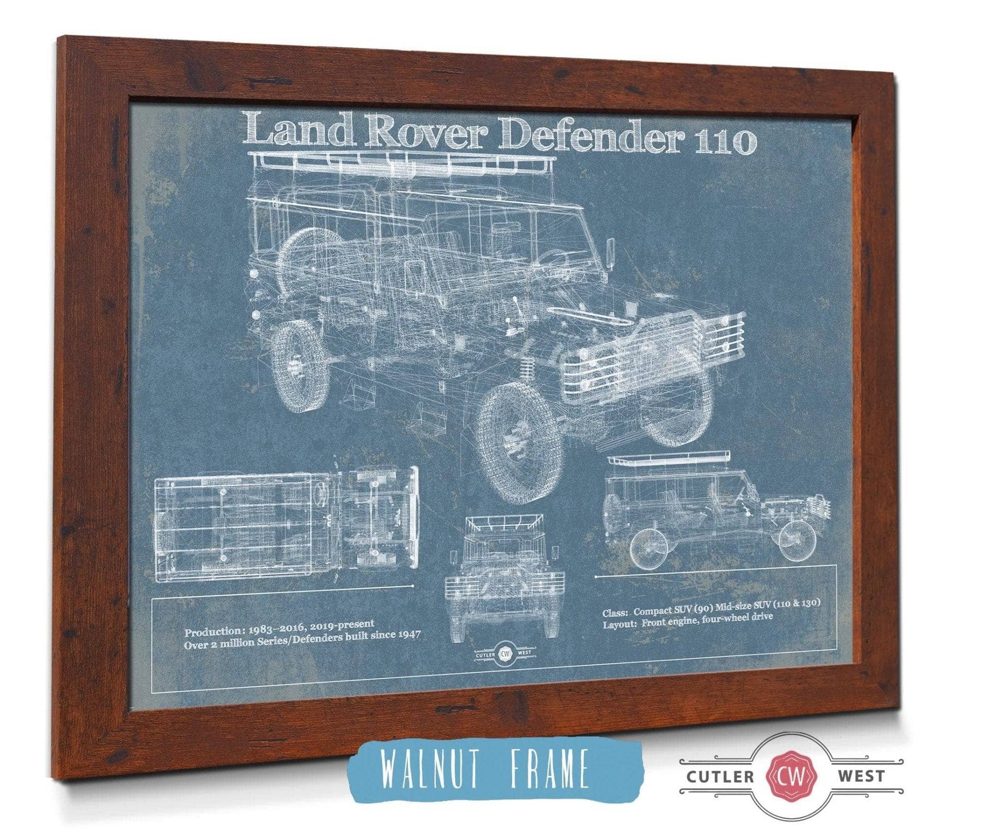 Cutler West Land Rover Collection 14" x 11" / Walnut Frame Land Rover Defender 110 Blueprint Vintage Auto Patent Print 845000193-TOP
