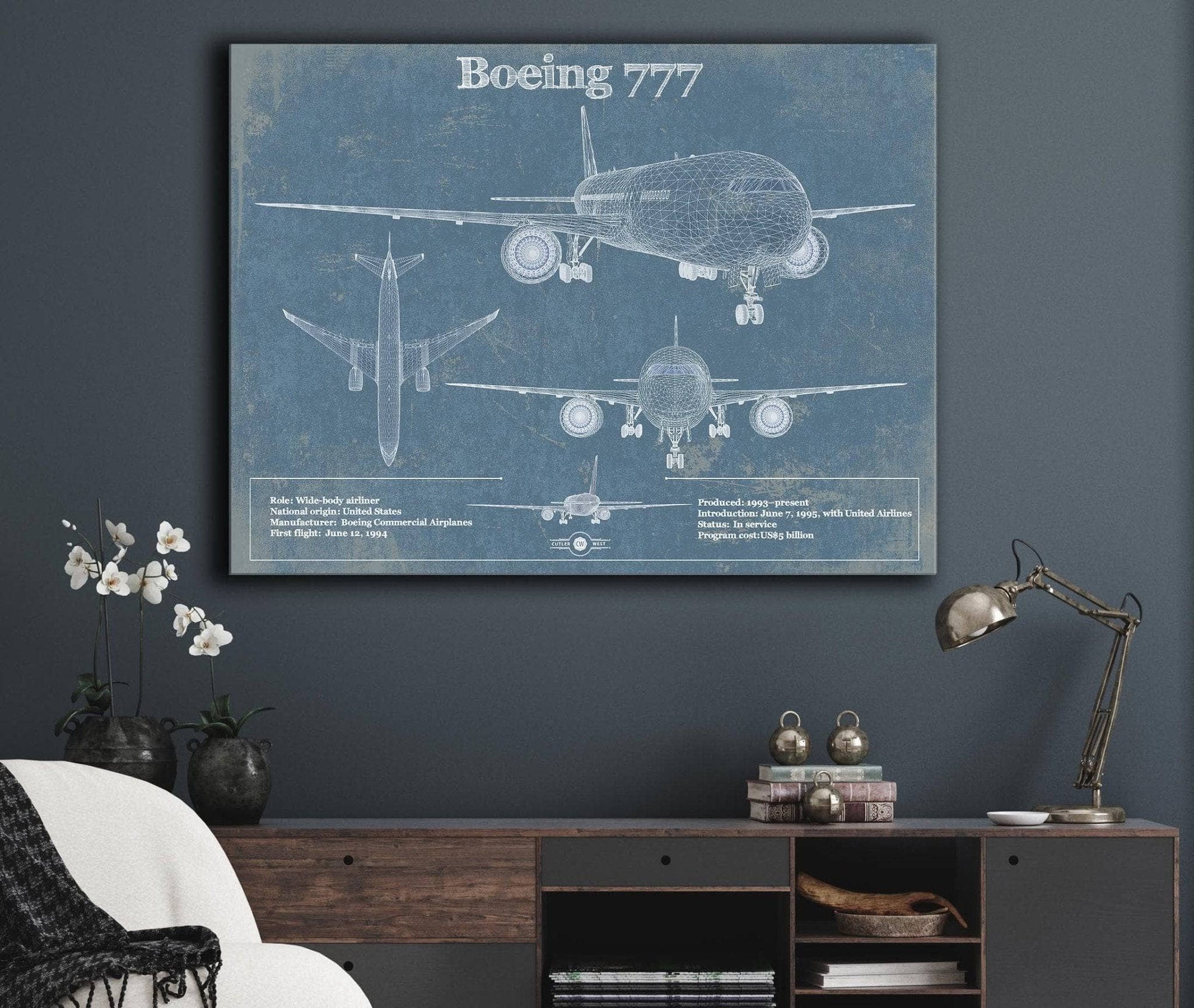 Cutler West Boeing Collection Boeing 777 Vintage Aviation Blueprint Print - Custom Pilot Name Can Be Added
