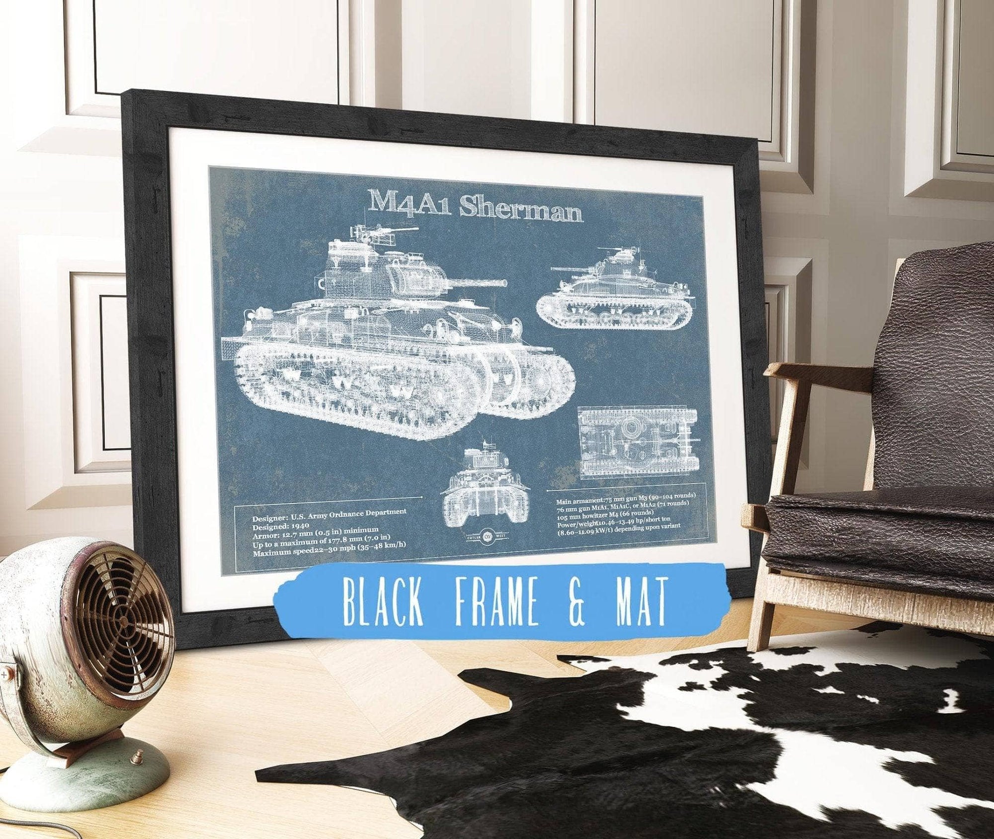 Cutler West Military Weapons Collection 14" x 11" / Black Frame & Mat M4A1 Sherman Tank Vintage Blueprint Print 845000241_15766