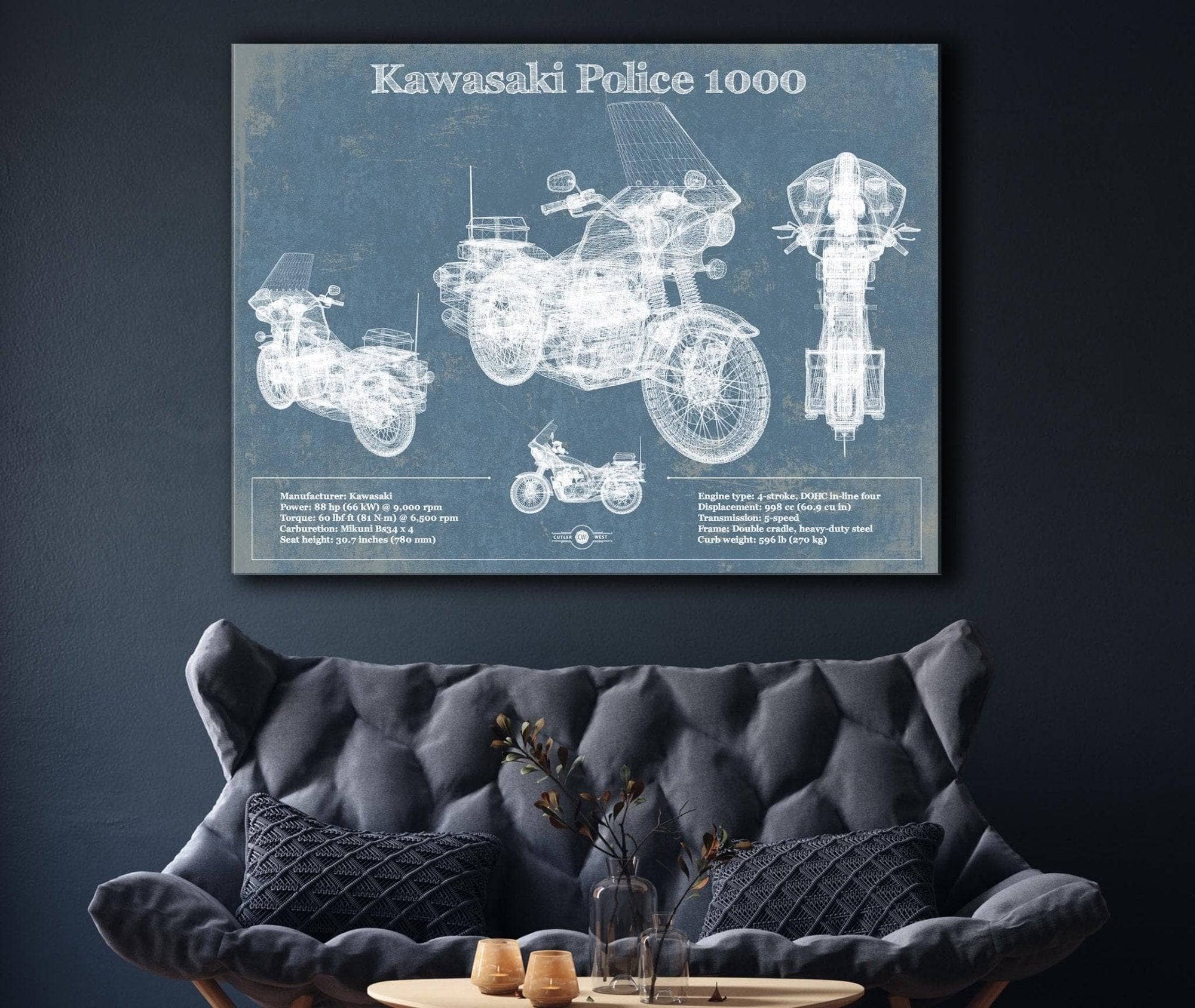 Cutler West Kawasaki Police 1000 Vintage Blueprint Motorcycle Patent Print