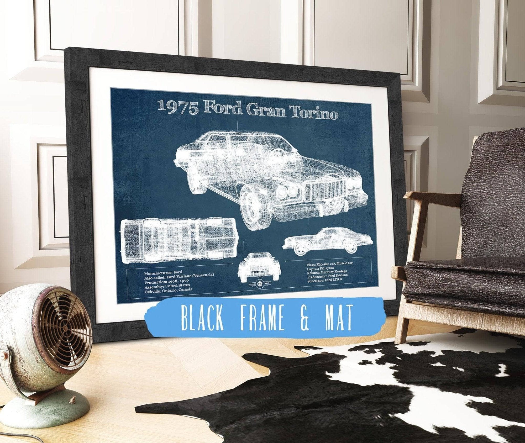 Cutler West Ford Collection 14" x 11" / Black Frame & Mat Ford Gran Torino 1975 Blueprint Vintage Auto Print 933350038_41545