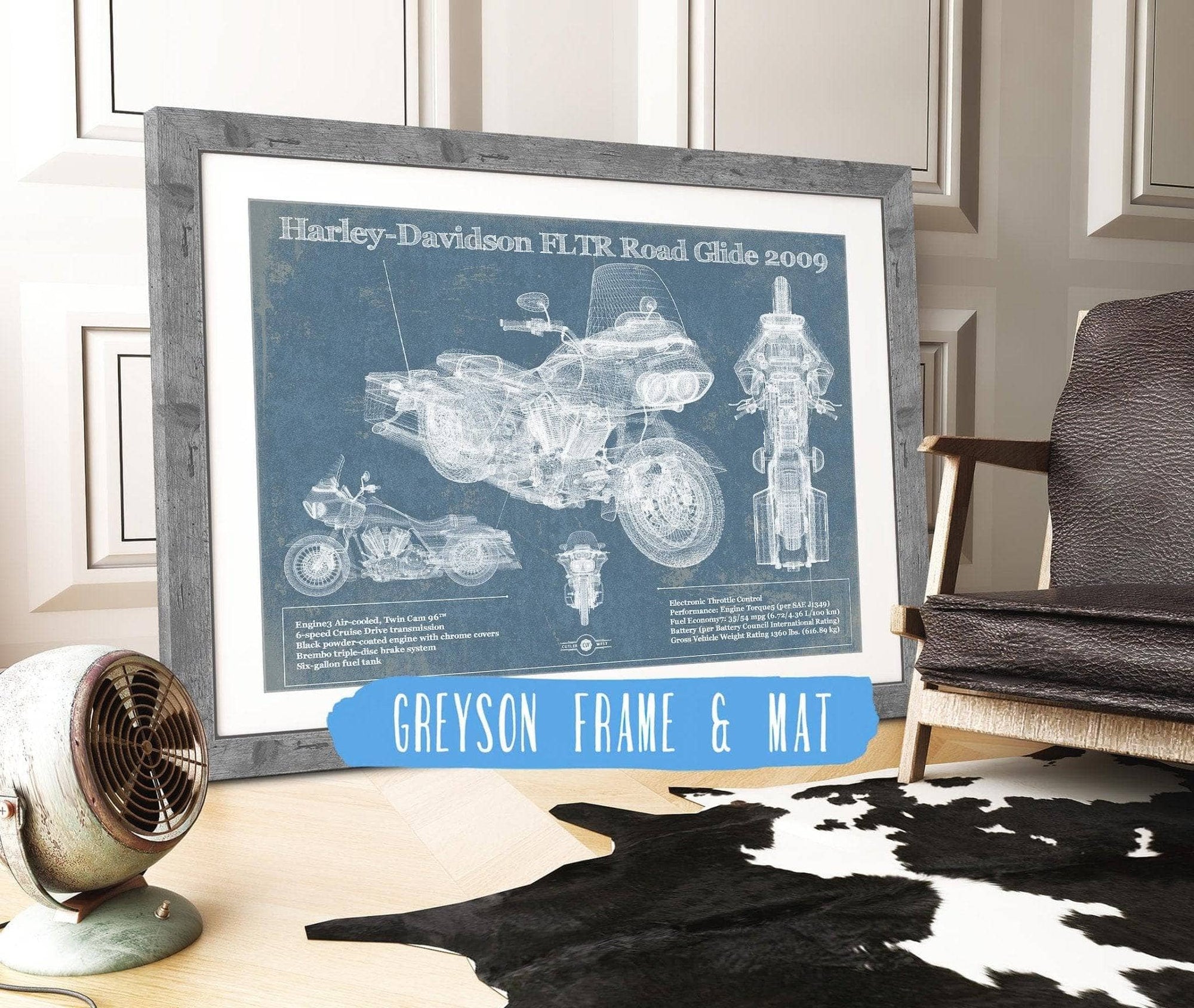 Cutler West 14" x 11" / Greyson Frame & Mat Harley-Davidson FLTR Road Glide 2009 Blueprint Motorcycle Patent Print 833110147_14452