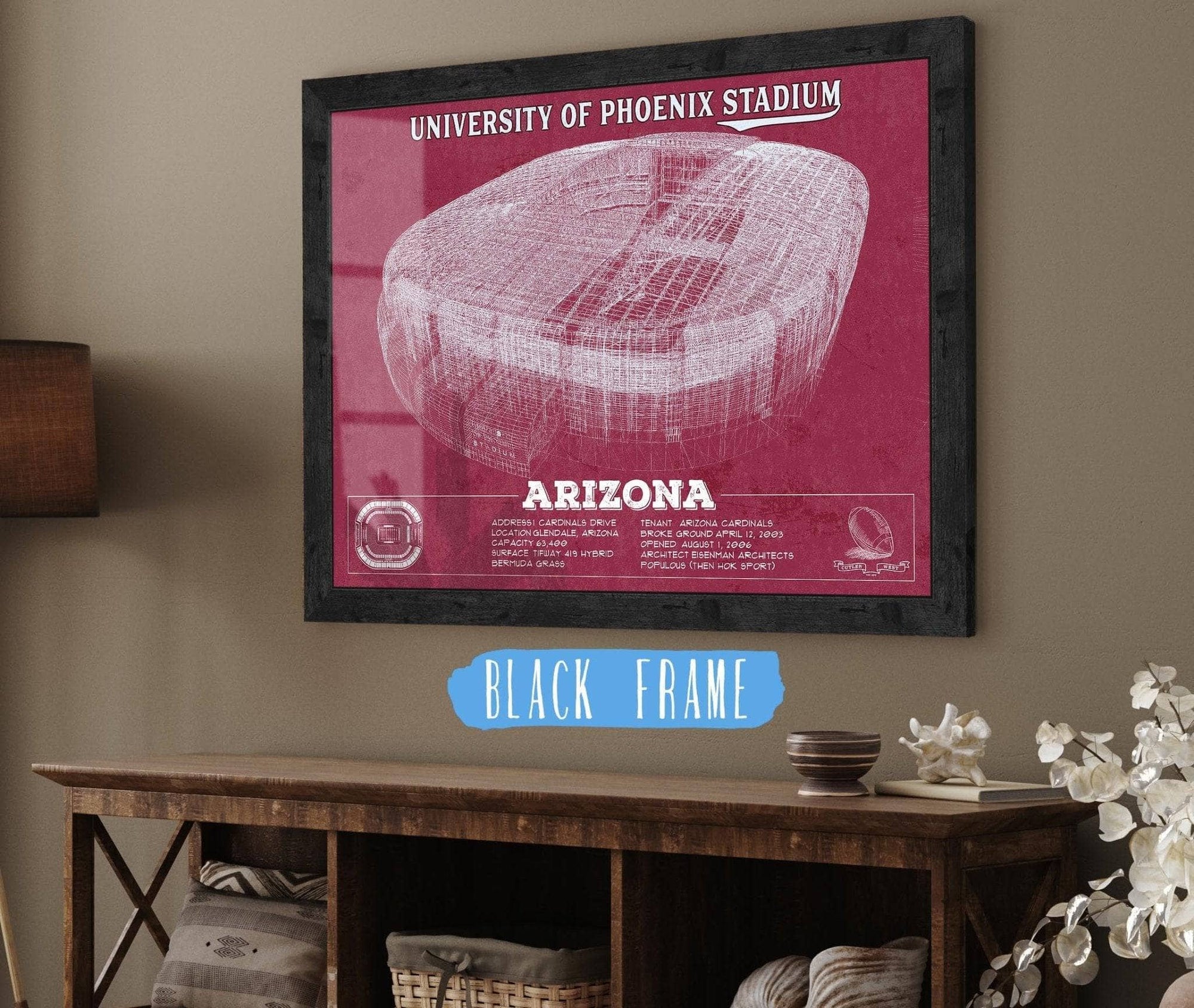 Cutler West Pro Football Collection 14" x 11" / Black Frame Arizona Cardinals - University of Phoenix Stadium Vintage Football Team Color Print 701397572_69194