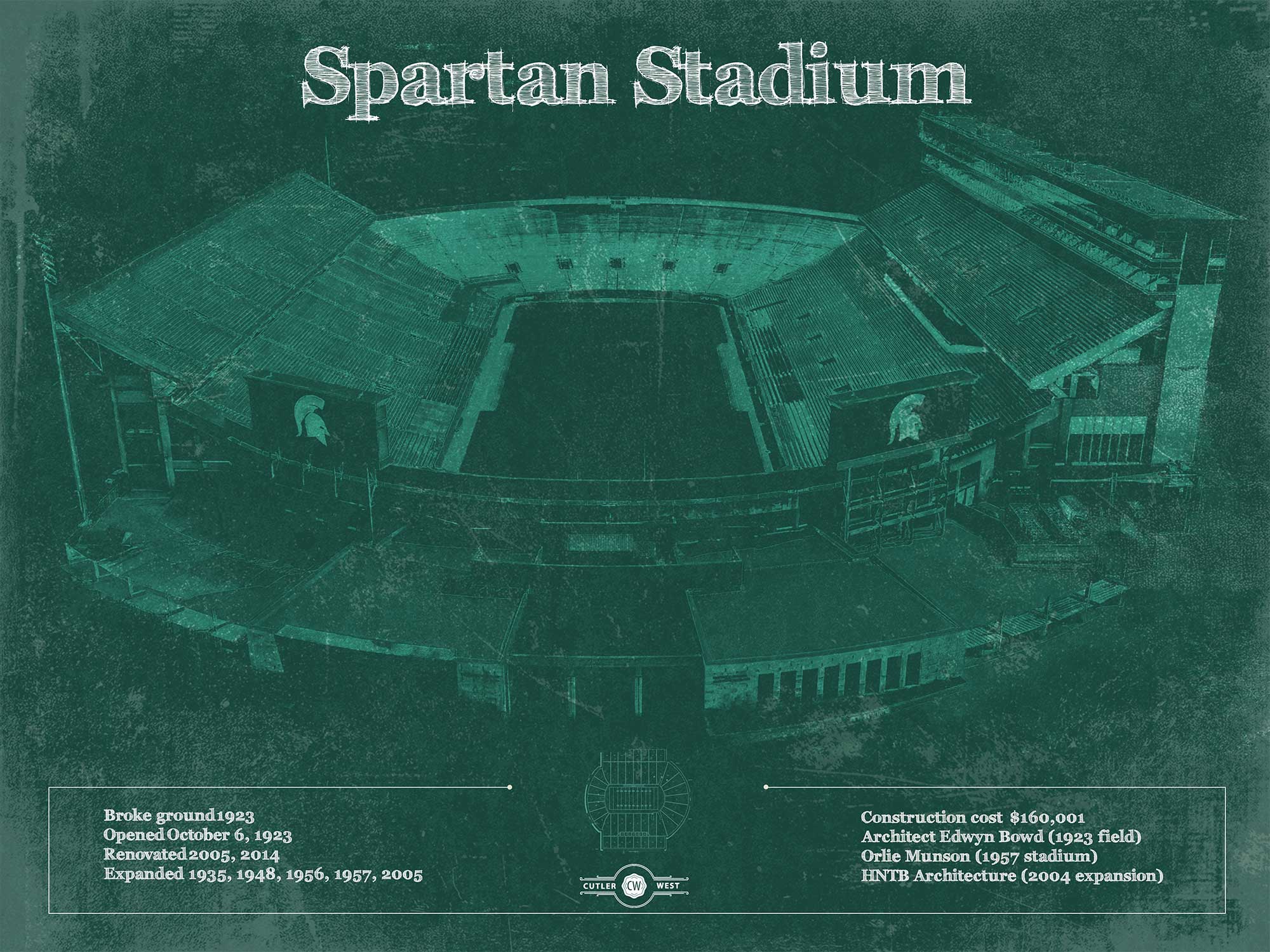 Cutler West College Football Collection 14" x 11" / Unframed Michigan State Spartans - Spartan Stadium Vintage Football Team Art 948212488_29334