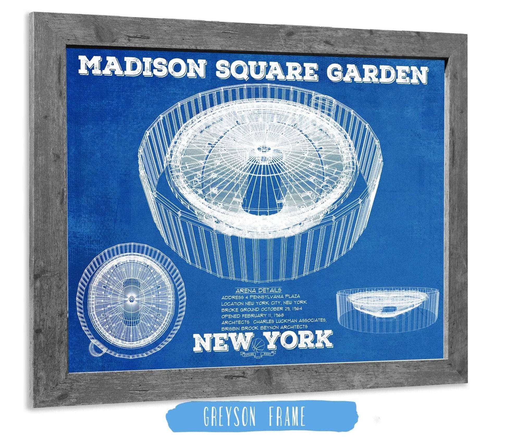 Cutler West Basketball Collection 14" x 11" / Greyson Frame New York Knicks - Madison Square Garden Vintage Blueprint  NBA Basketball NBA  Team Color Print 723007842_64583