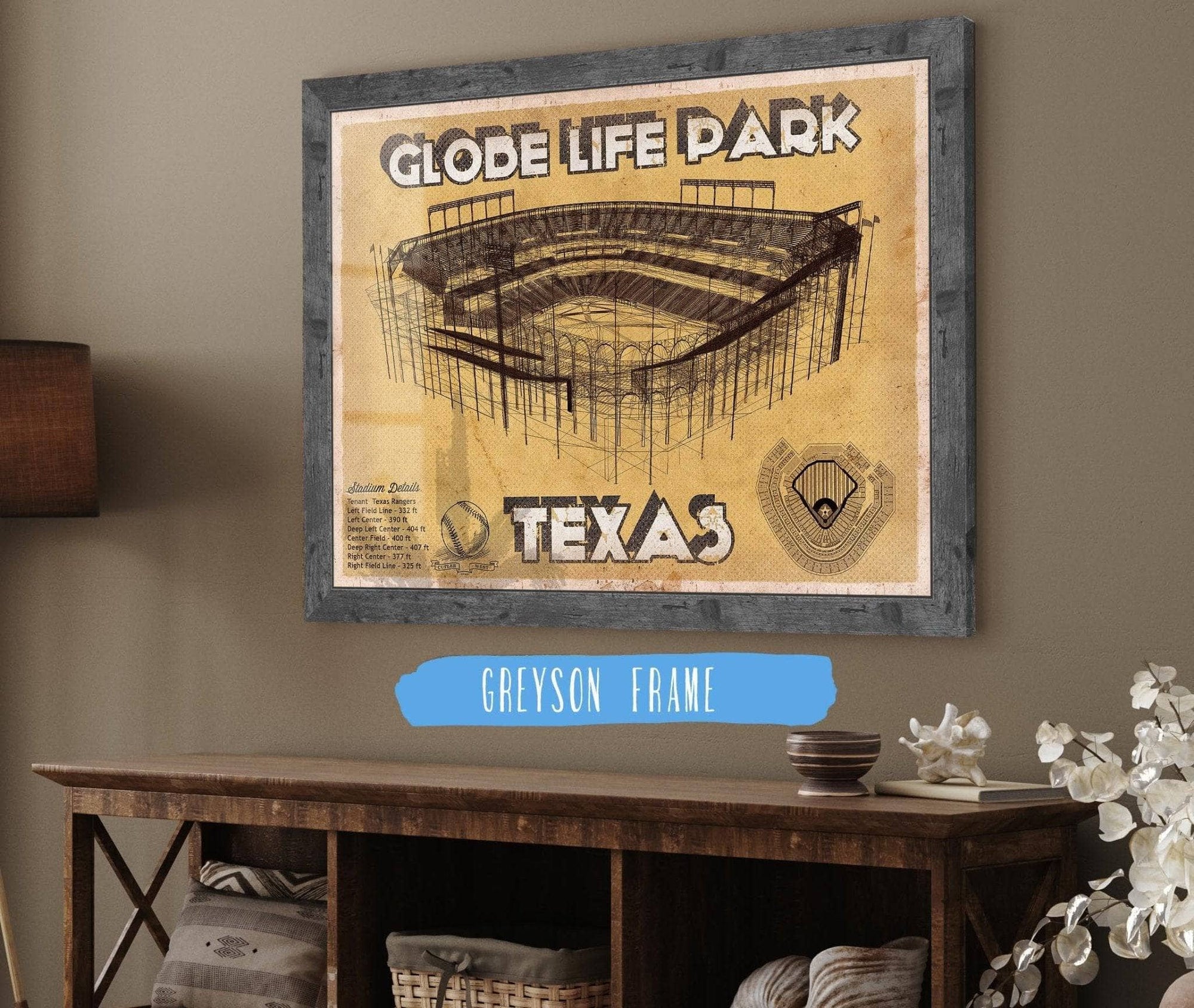 Cutler West Baseball Collection 14" x 11" / Greyson Frame Texas Rangers - Globe Life Park Vintage Stadium Baseball Print 714064343_63395