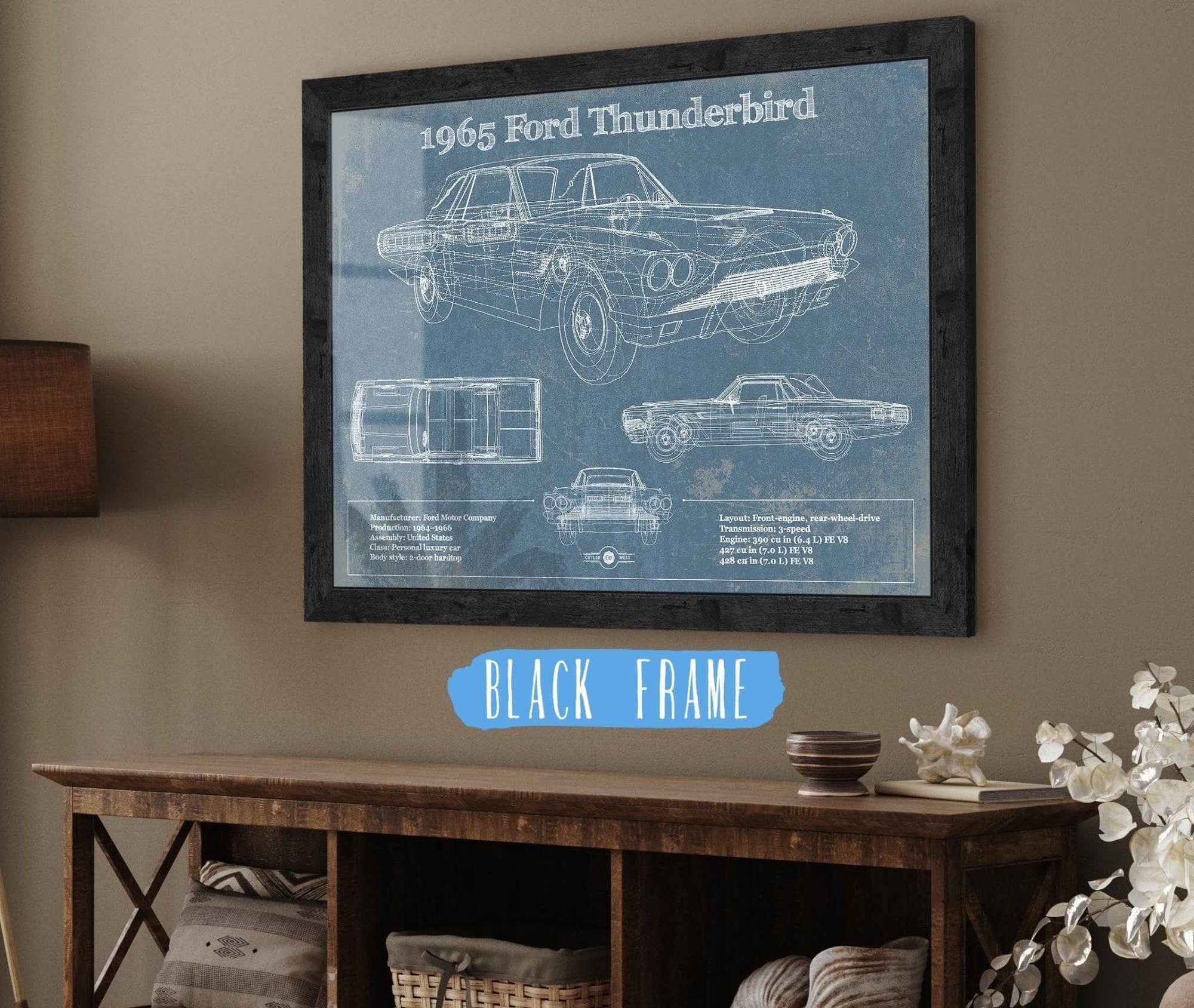 Cutler West Ford Collection 14" x 11" / Black Frame 1965 Ford Thunderbird Blueprint Vintage Auto Print 833110123_32041