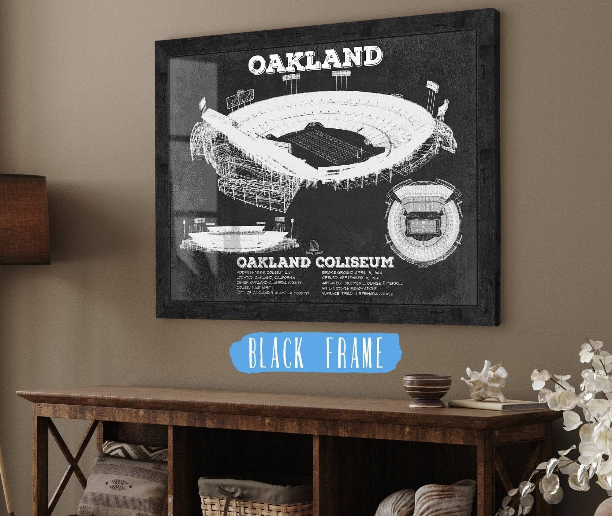 Cutler West Pro Football Collection 14" x 11" / Black Frame Oakland Raiders Team Color Alameda County Coliseum Seating Chart - Vintage Football Print 920787395-TOP_70494