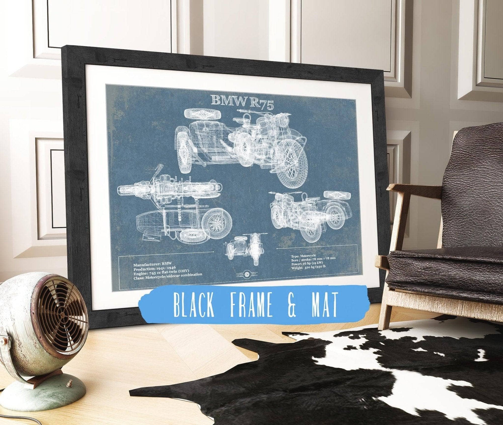 Cutler West Vehicle Collection 14" x 11" / Black Frame & Mat BMW R75 Blueprint Motorcycle Patent Print 833110058_47485