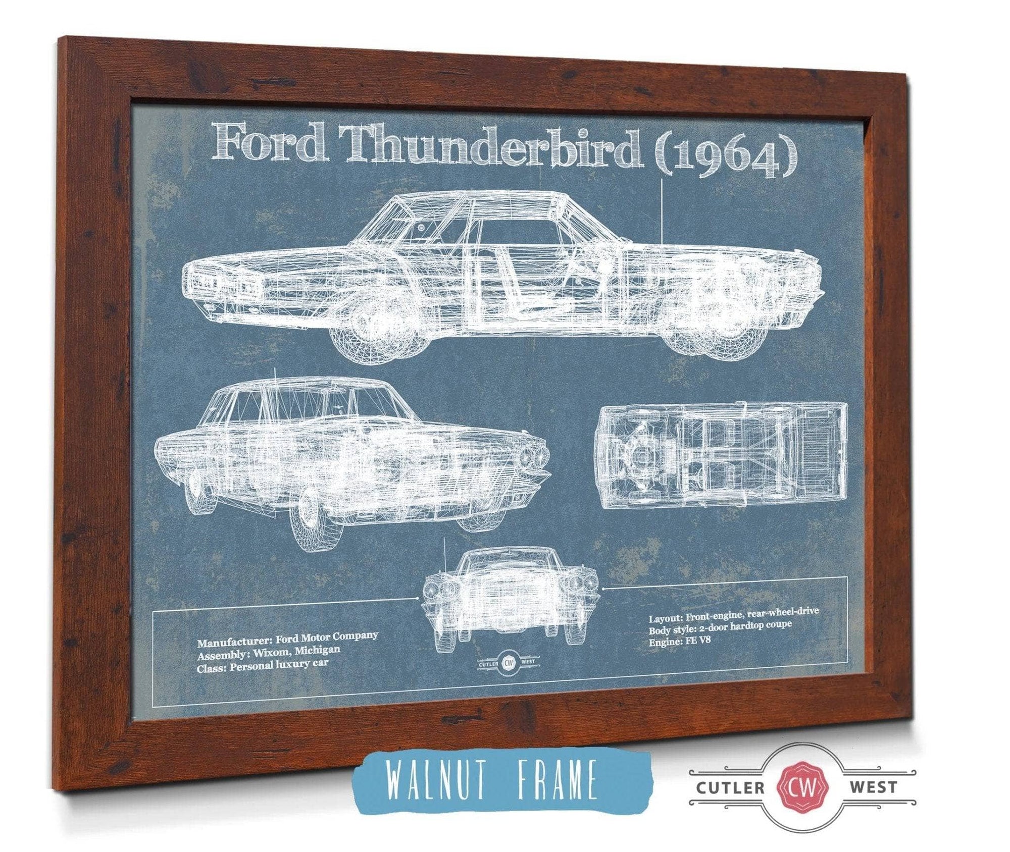 Cutler West Ford Collection Ford Thunderbird (1964) Vintage Blueprint Auto Print