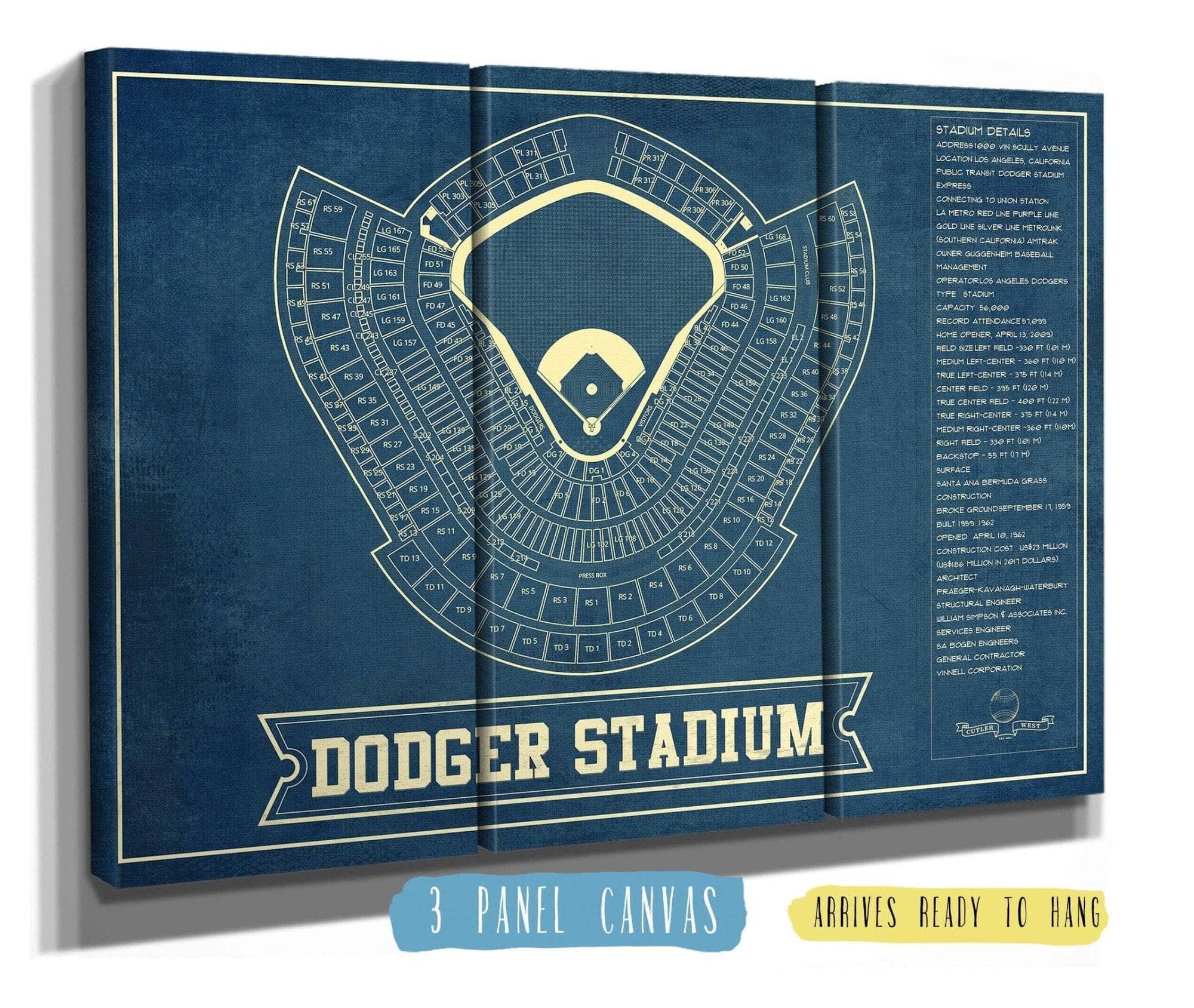 Cutler West Baseball Collection 48" x 32" / 3 Panel Canvas Wrap LA Dodgers Stadium Seating Chart - Vintage Baseball Fan Print 635633948-TOP