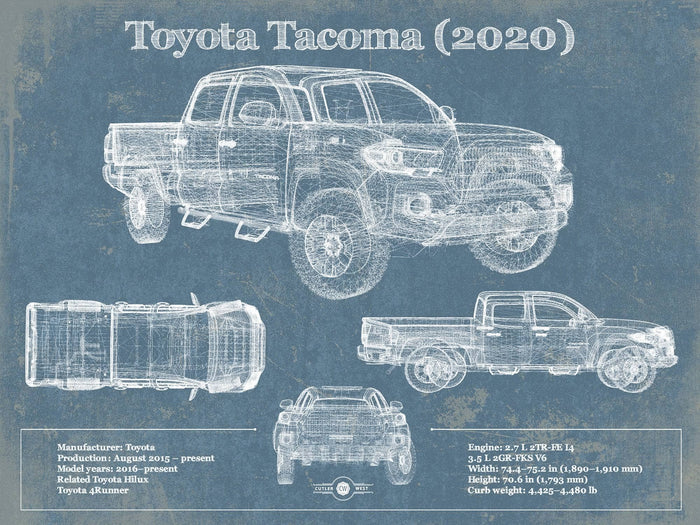 Cutler West Toyota Collection 14" x 11" / Unframed Toyota Tacoma (2020) Vintage Blueprint Truck Print 845000207_7057