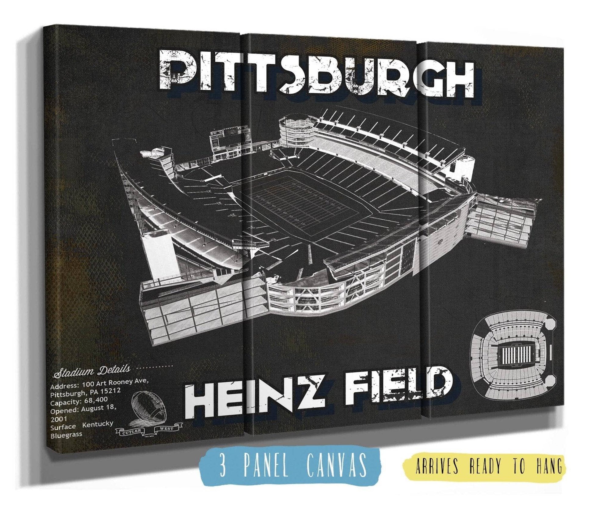 Cutler West Pro Football Collection 48" x 32" / 3 Panel Canvas Wrap Pittsburgh Steelers Stadium Art Team Color- Heinz Field - Vintage Football Print 235353076