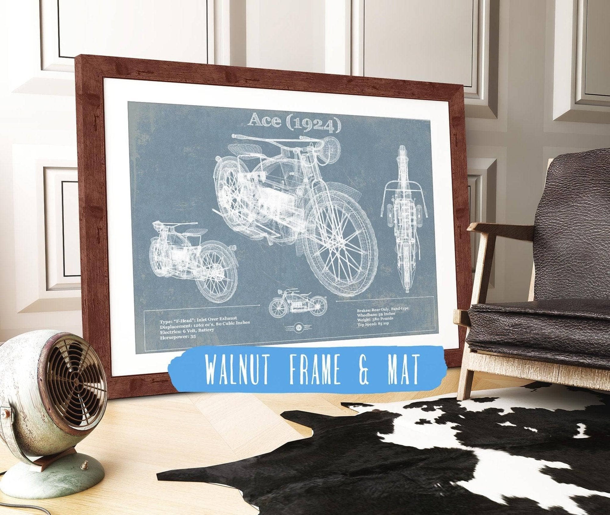 Cutler West Vehicle Collection 14" x 11" / Walnut Frame & Mat Ace (1924) Blueprint Motorcycle Patent Print 833110074_38907