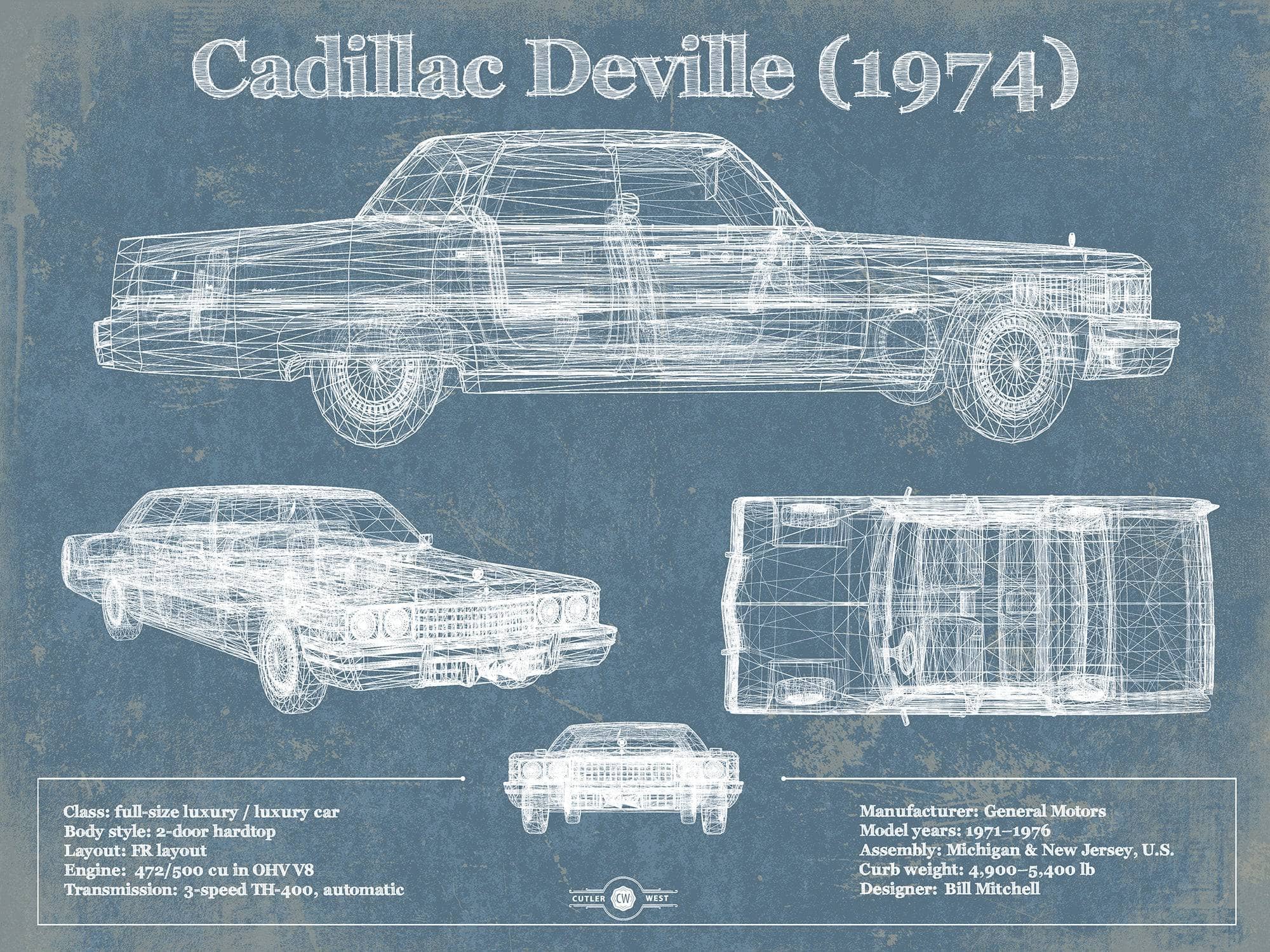 Cutler West Cadillac Collection Cadillac DeVille 1974 Vintage Blueprint Auto Print