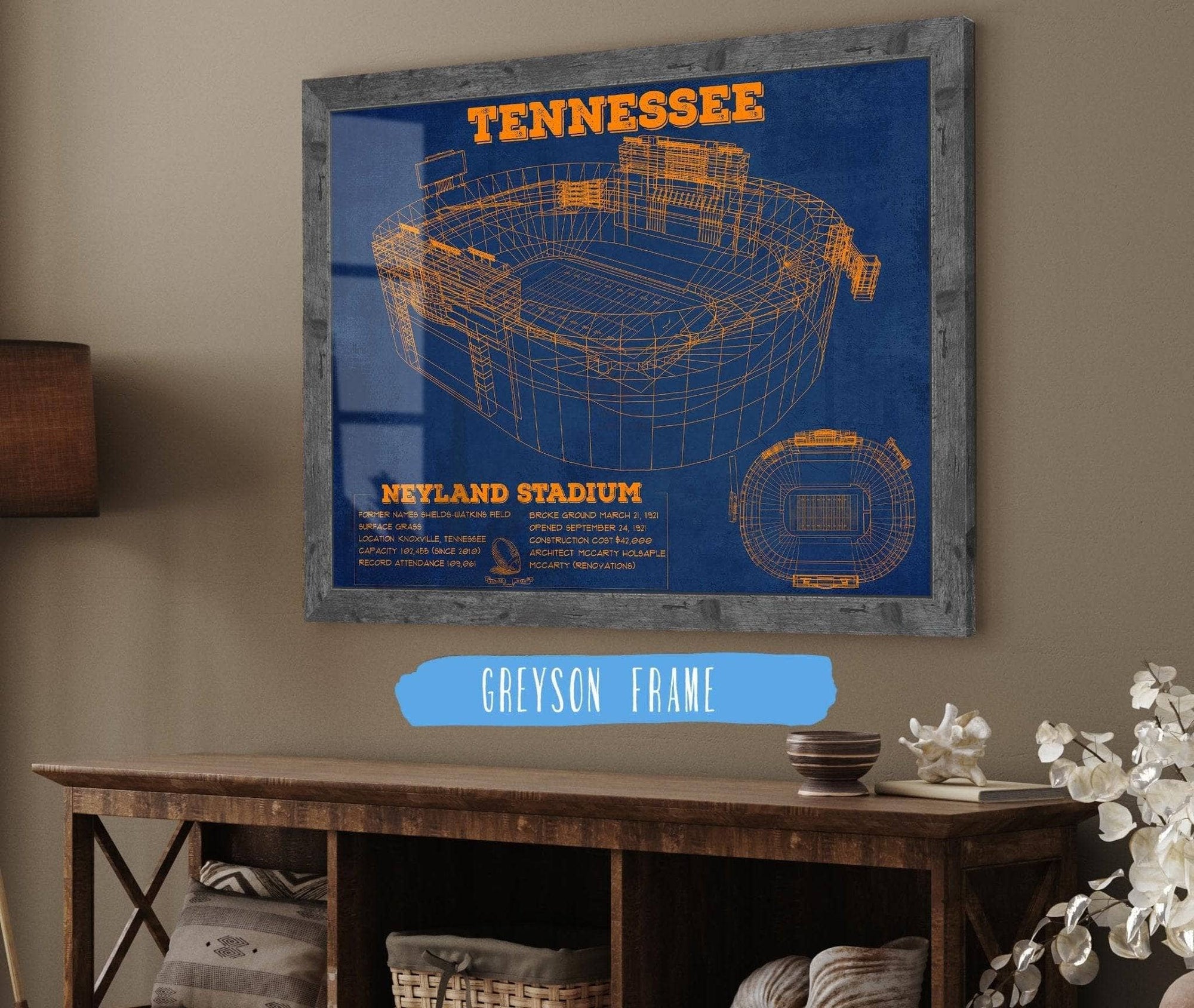Cutler West College Football Collection 14" x 11" / Greyson Frame Vintage Tennessee Volunteers Neyland Stadium Blueprint Wall Art 639923438-TOP