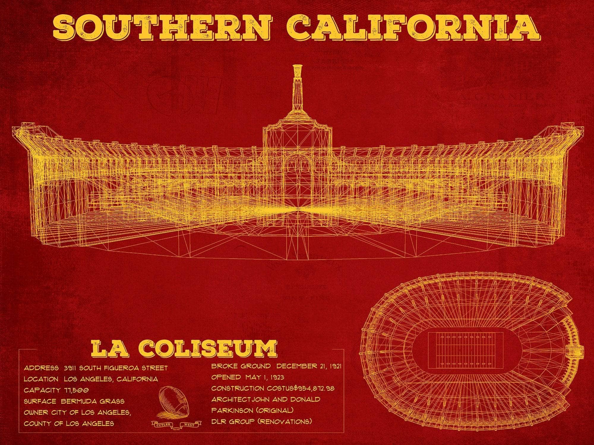 Cutler West College Football Collection 14" x 11" / Unframed Vintage USC Trojans - LA Coliseum Blueprint Art Print 737528166-14"-x-11"66090