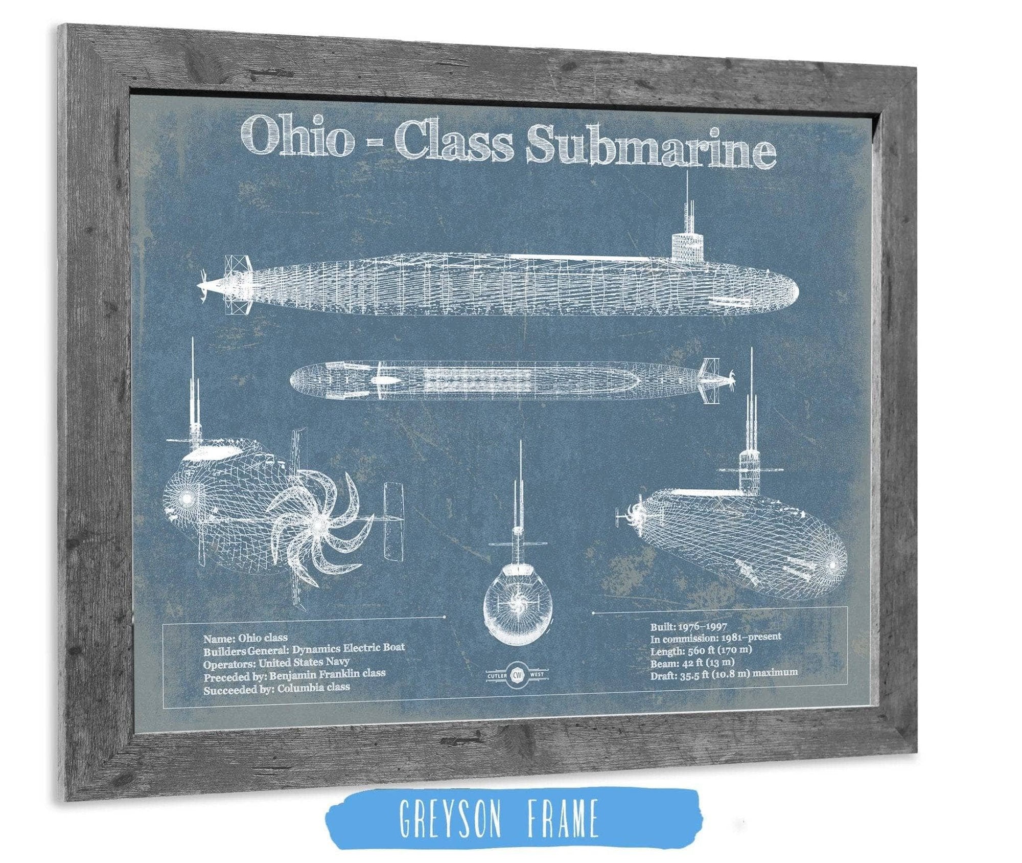 Cutler West Naval Military 14" x 11" / Greyson Frame Ohio SSBN Nuclear Ballistic Missile Submarine Blueprint Patent Original Art - Customizable 933350069_20645