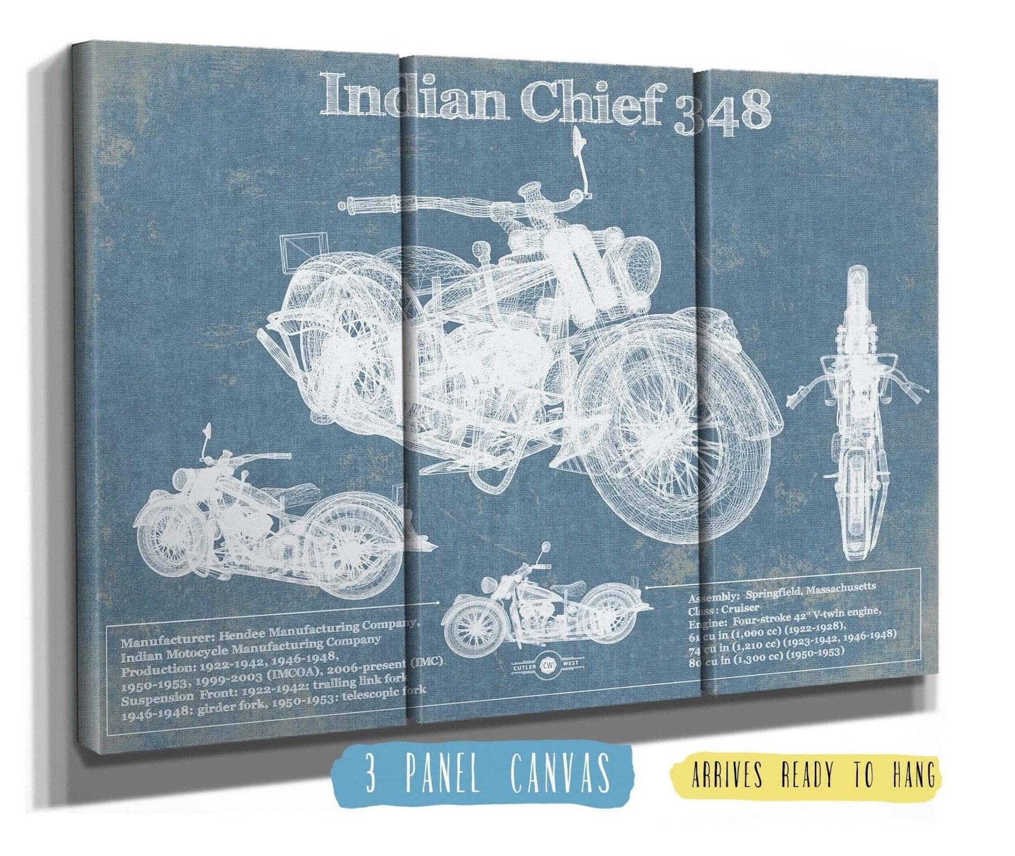Cutler West 48" x 32" / 3 Panel Canvas Wrap Indian Chief 348 Vintage Original Motorcycle Blueprint 835000022_59413