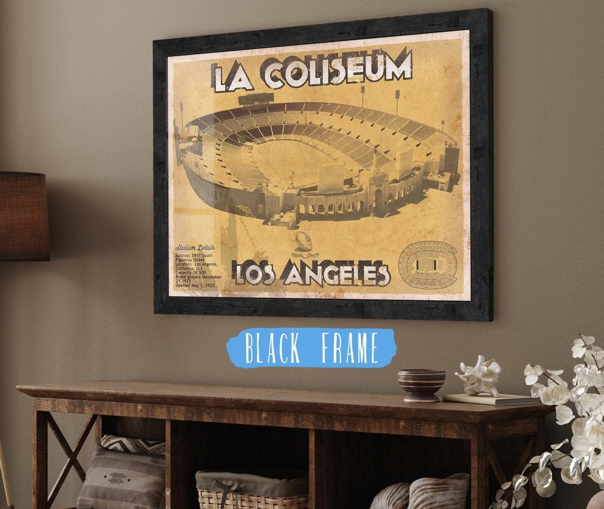 Cutler West Pro Football Collection 14" x 11" / Black Frame Los Angeles Rams LA Coliseum Seating Chart - Vintage Football Print 728039387_65237