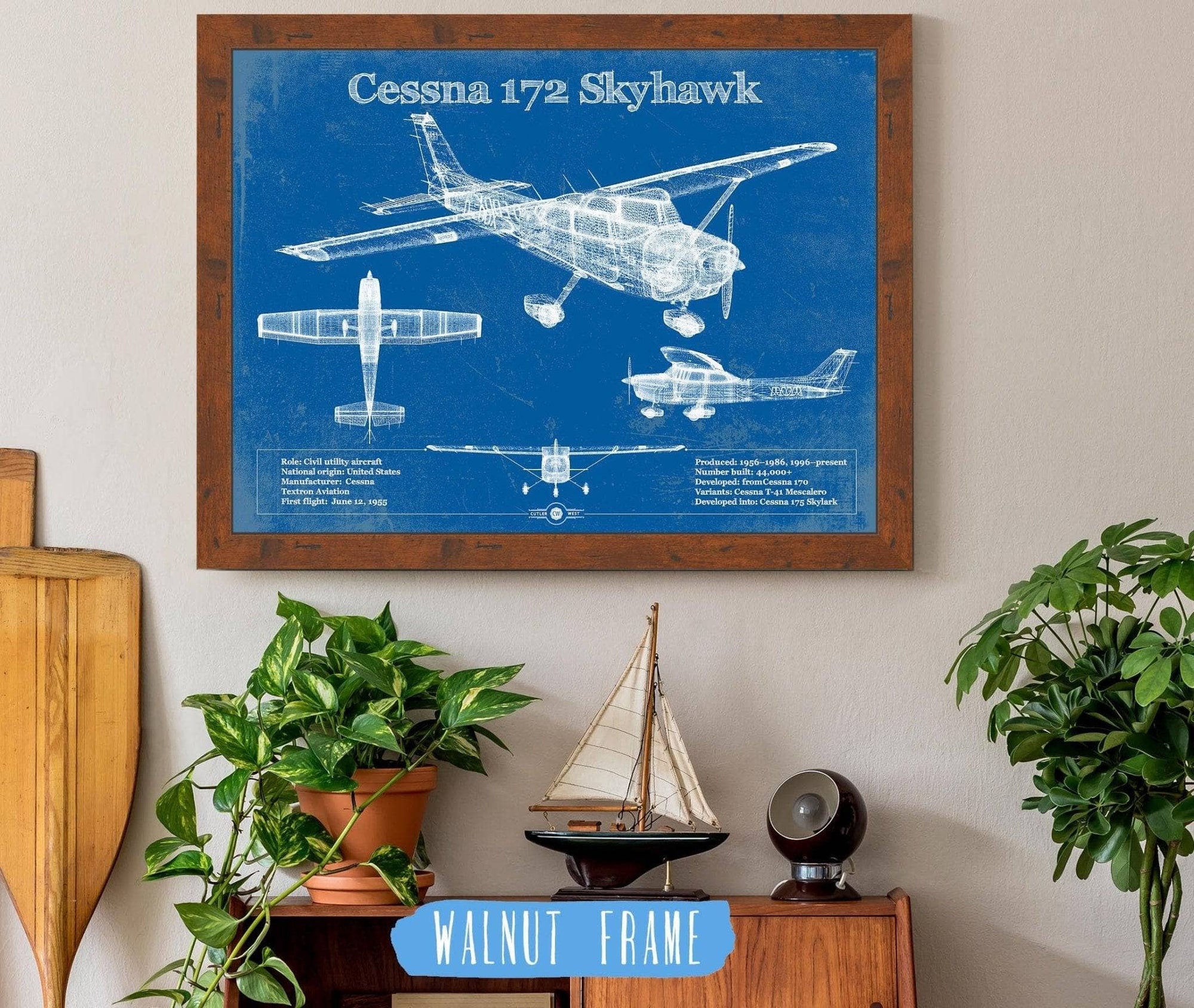 Cutler West Cessna Collection 14" x 11" / Walnut Frame Cessna 172 Skyhawk Original Blueprint Art 933350116_21697