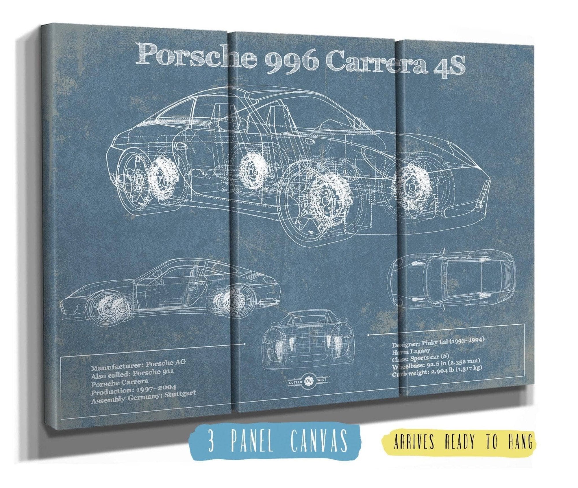 Cutler West Porsche Collection 48" x 32" / 3 Panel Canvas Wrap Porsche 996 Carrera 4S Vintage Blueprint Auto Print 932654234_17002