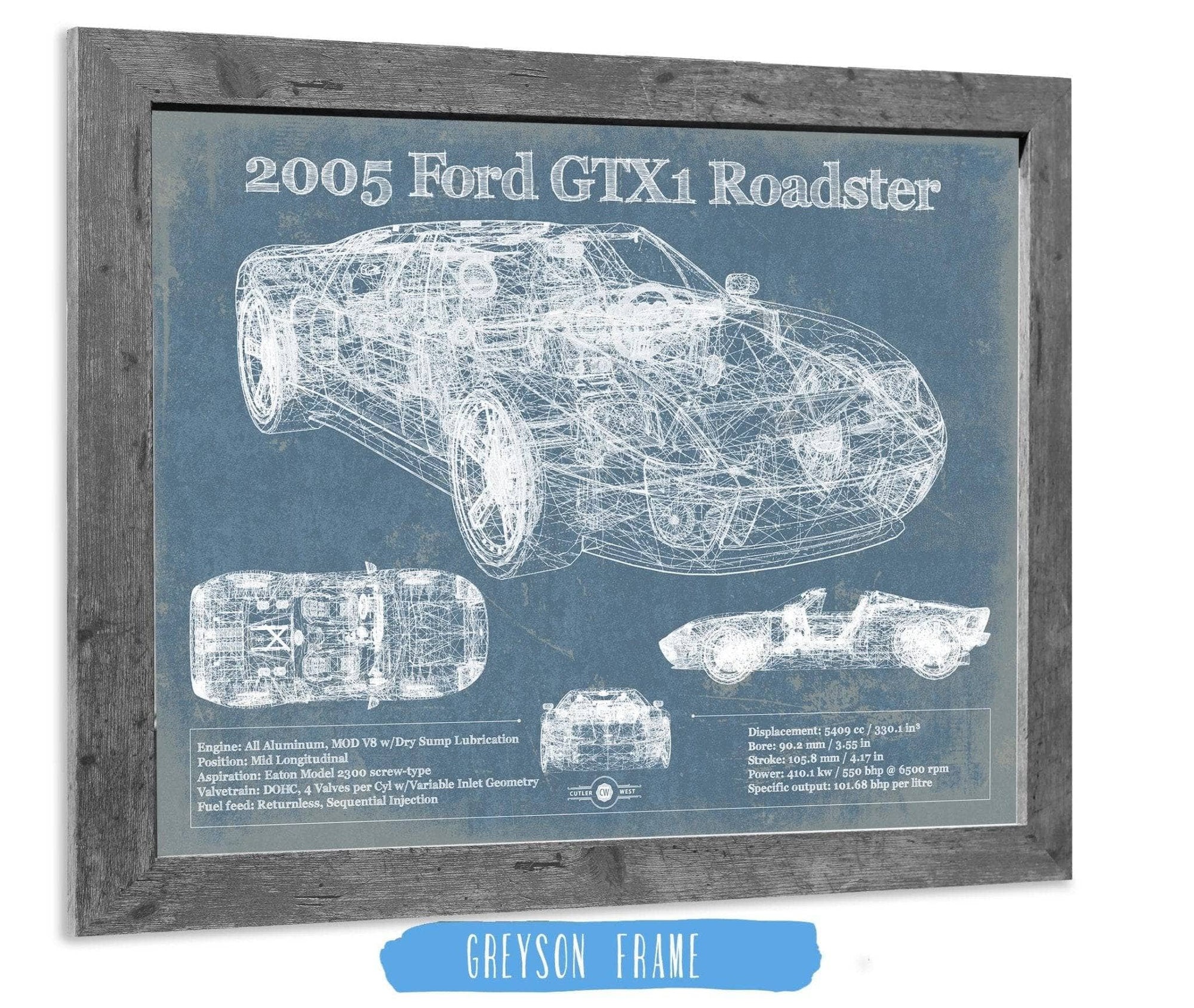 Cutler West Ford Collection 14" x 11" / Greyson Frame 2005 Ford GTX1 Roadster Vintage Blueprint Auto Print 933350037_17741