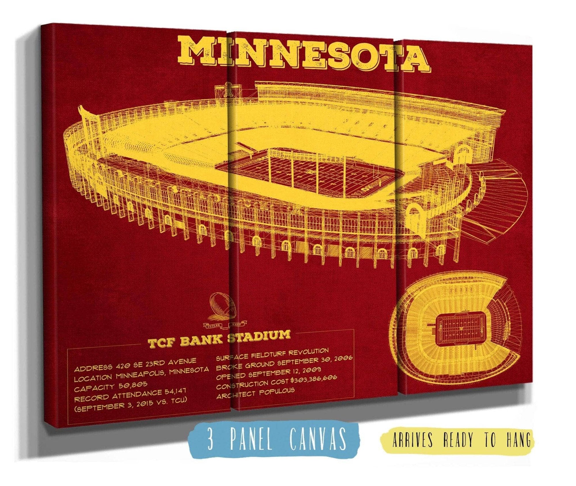 Cutler West College Football Collection 48" x 32" / 3 Panel Canvas Wrap Minnesota Gophers - Vintage TCF Bank Stadium  Blueprint Art Print 738965824-TOP_72457