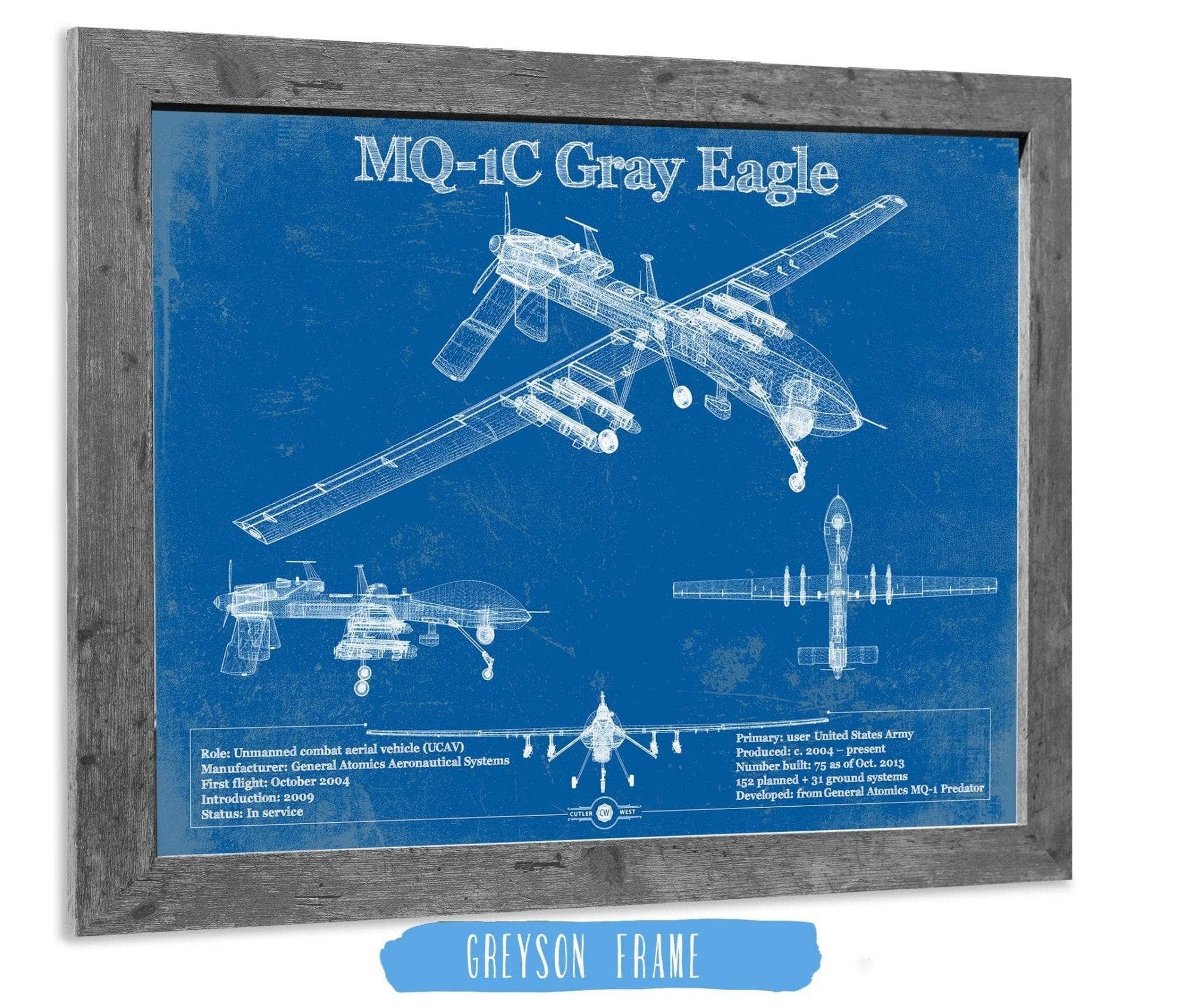 Cutler West Military Aircraft 14" x 11" / Greyson Frame UAV MQ-1C Gray Eagle Vintage Aviation Blueprint Military Print 933311094_19457