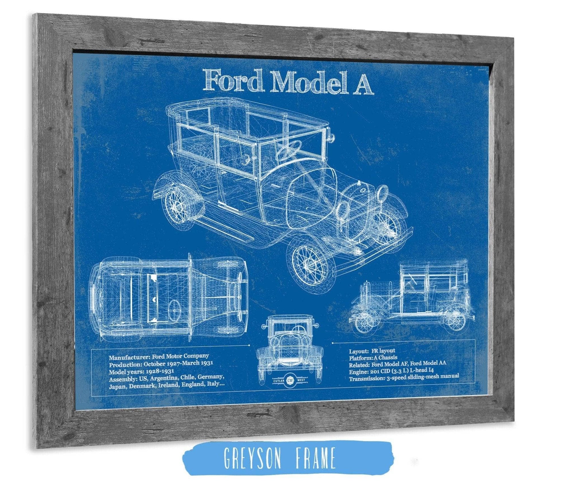 Cutler West Ford Collection 14" x 11" / Greyson Frame Ford Model A Vintage Blueprint Auto Print 933311082_19127