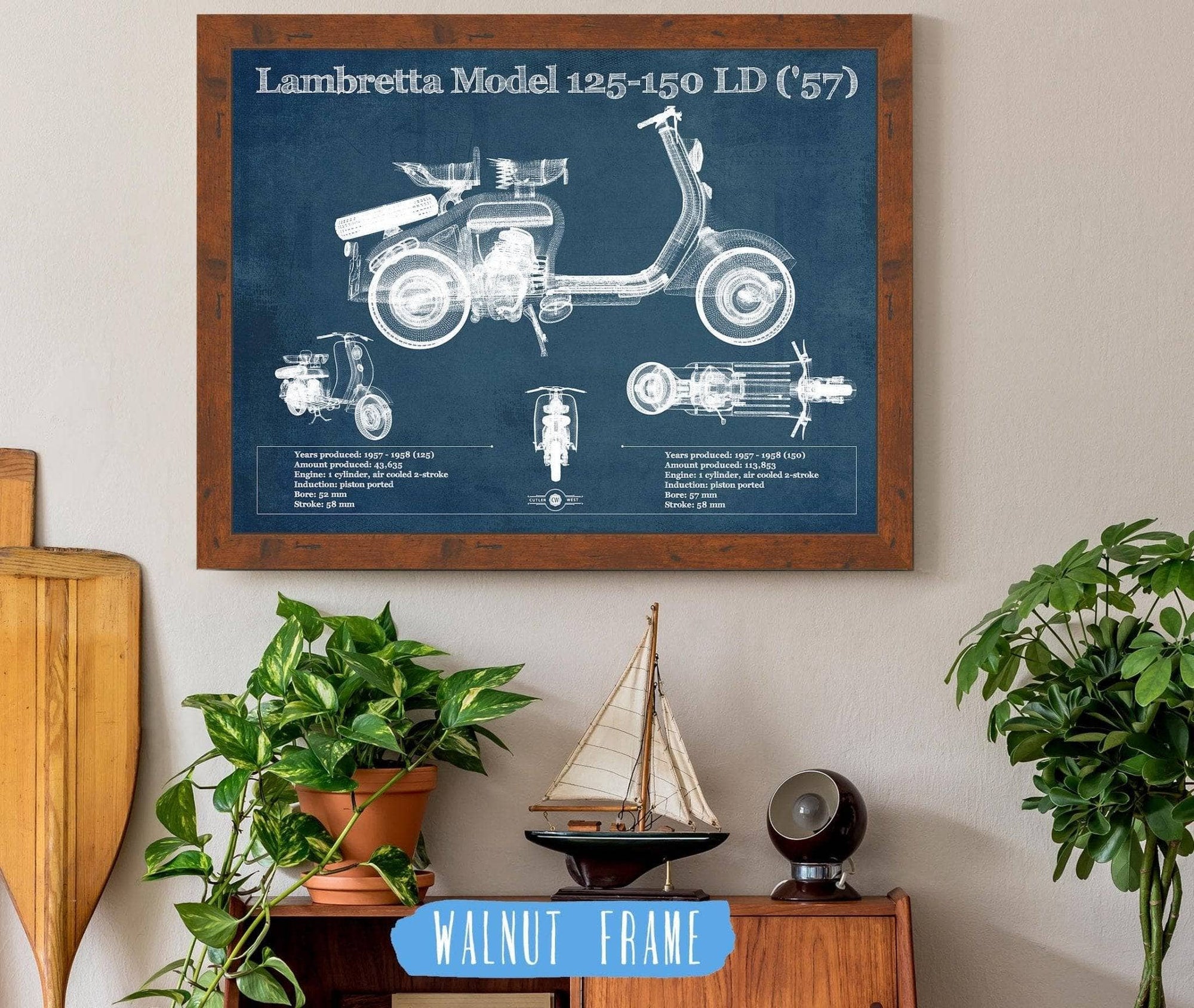 Cutler West 14" x 11" / Walnut Frame Lambretta Model 125 150 LD ('57) Vintage Blueprint Motorcycle Print 933350102_15569