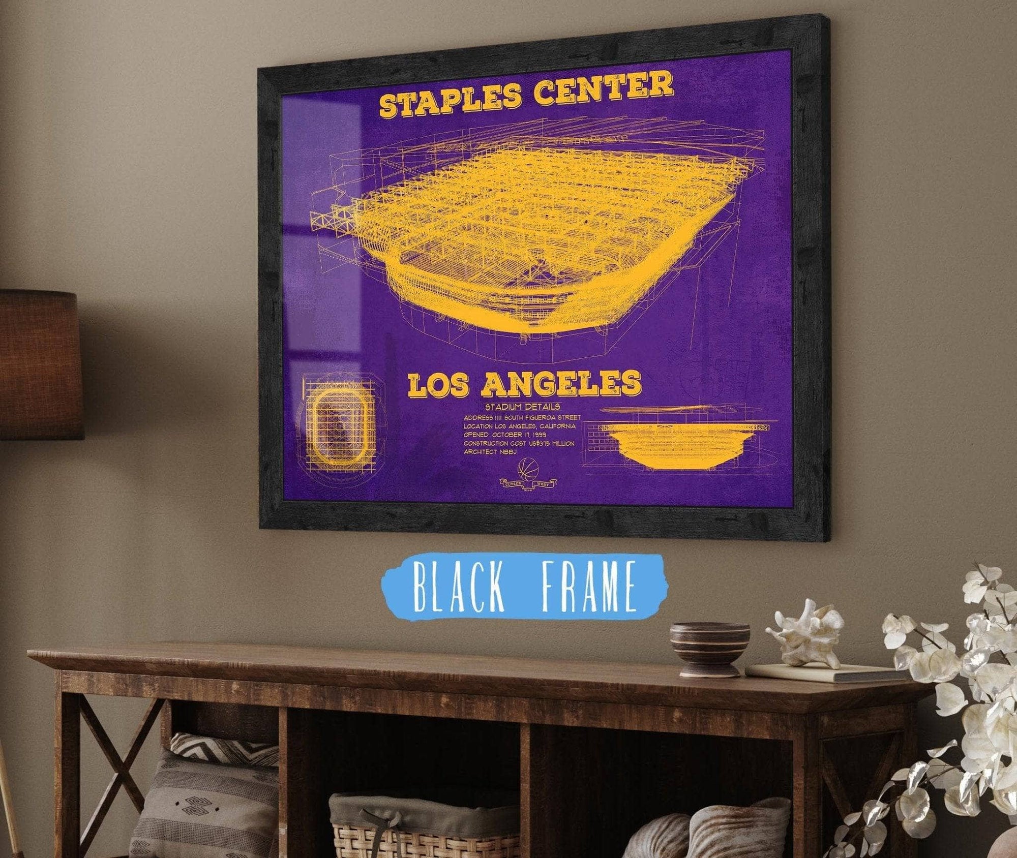 Cutler West Basketball Collection 14" x 11" / Black Frame LA Lakers - Staples Center Vintage Blueprint NBA Basketball NBA Team Color Print 763679666_28213