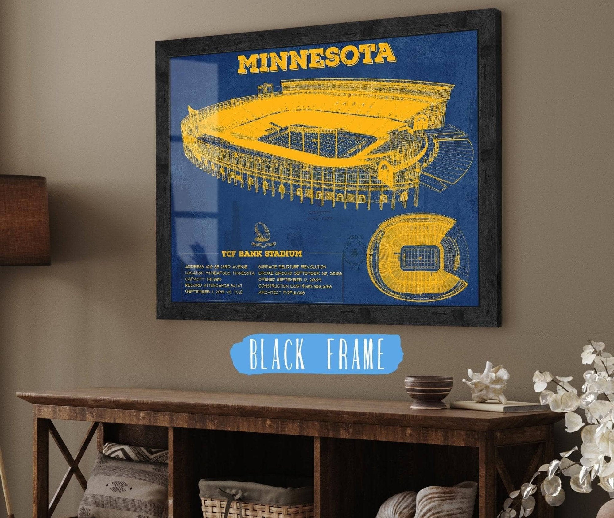 Cutler West College Football Collection 14" x 11" / Black Frame Minnesota Gophers Vintage TCF Bank Stadium Blueprint Art Print 933350157_72474