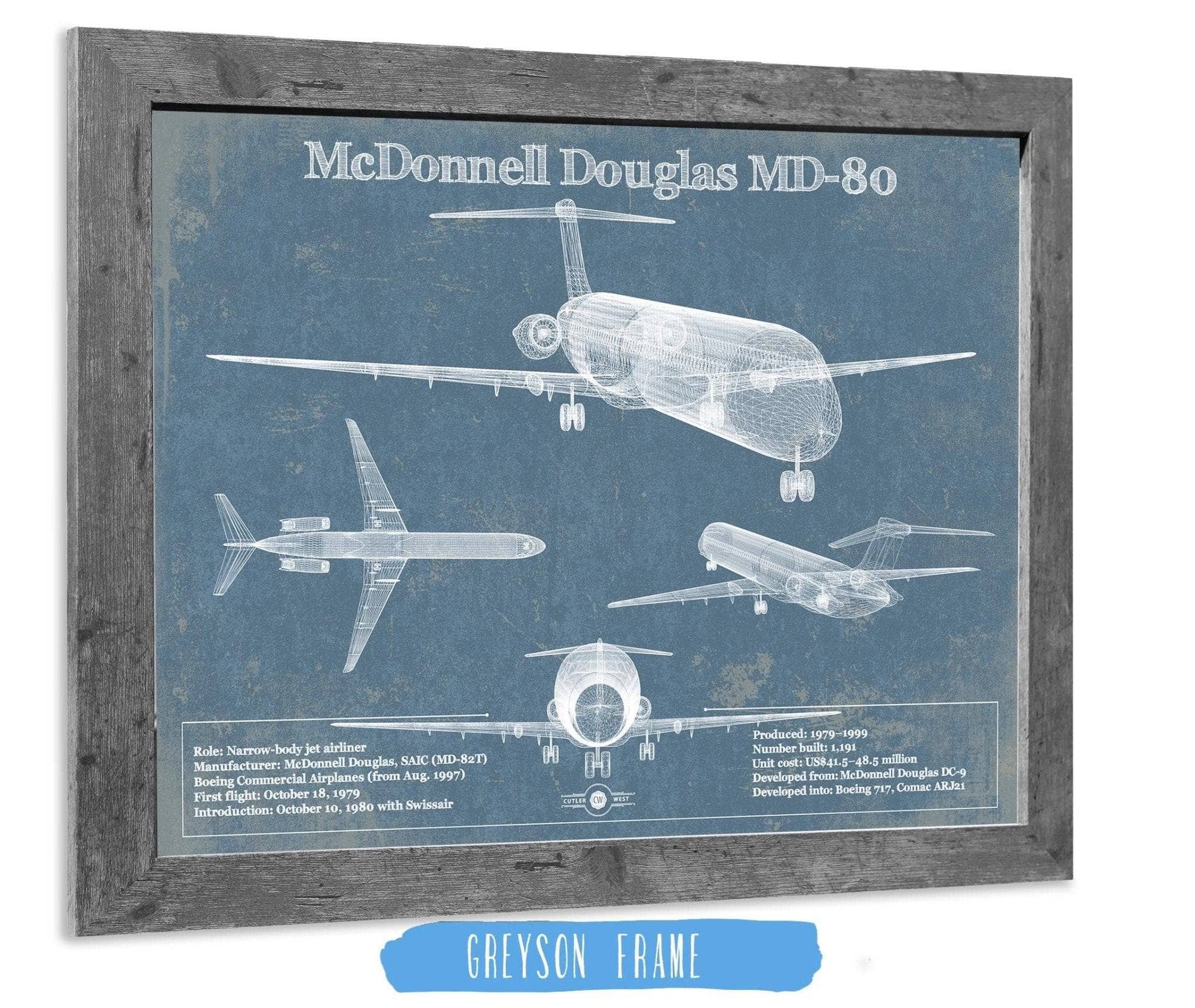 Cutler West McDonnell Douglas Collection 14" x 11" / Greyson Frame McDonnell Douglas MD-80 Vintage Aviation Blueprint Print 883643400_17219
