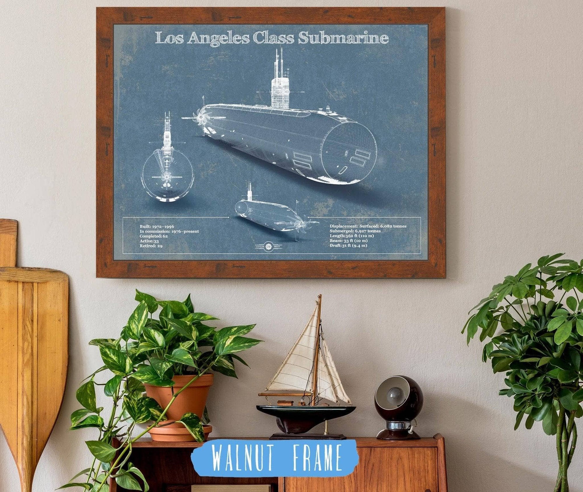Cutler West Naval Military 14" x 11" / Walnut Frame Los Angeles-class submarine Blueprint Patent Original Art 845000153_65305